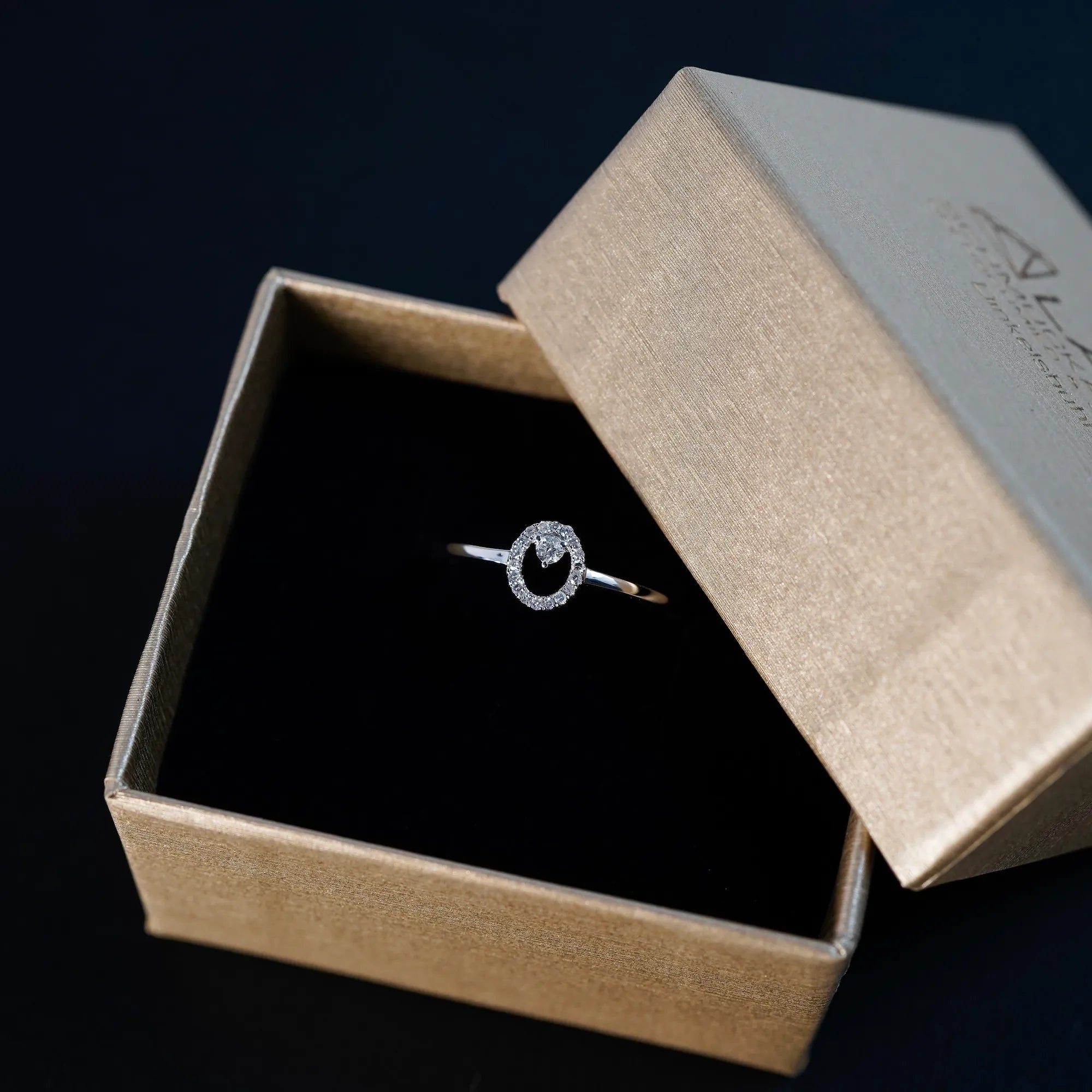 "Fine Oval" Verlobungsring aus Weißgold, der mit einem ovalen Diamantkranz verziert wurde, steckt in Schmuckumverpackung