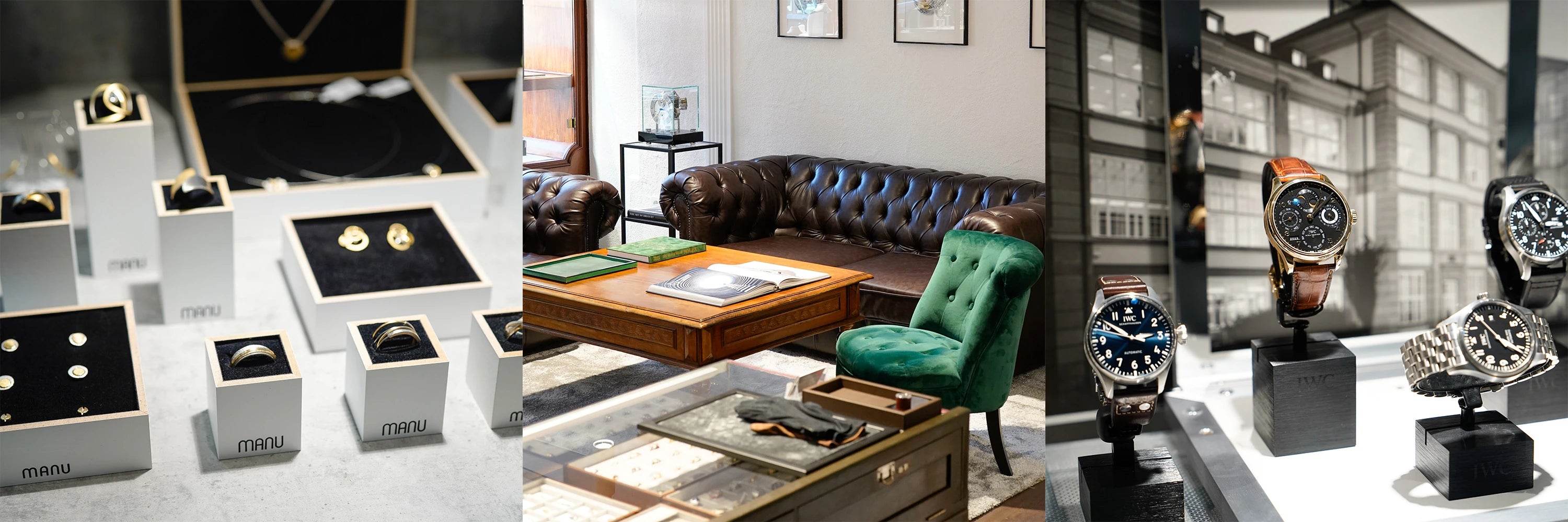 Foto-Kollage mit Eindrücken aus dem Ladengeschäft von Schmuckatelier Lang: Manu Schmuck, Luxusuhren von IWC und Sitzecke für Beratungsgespräche