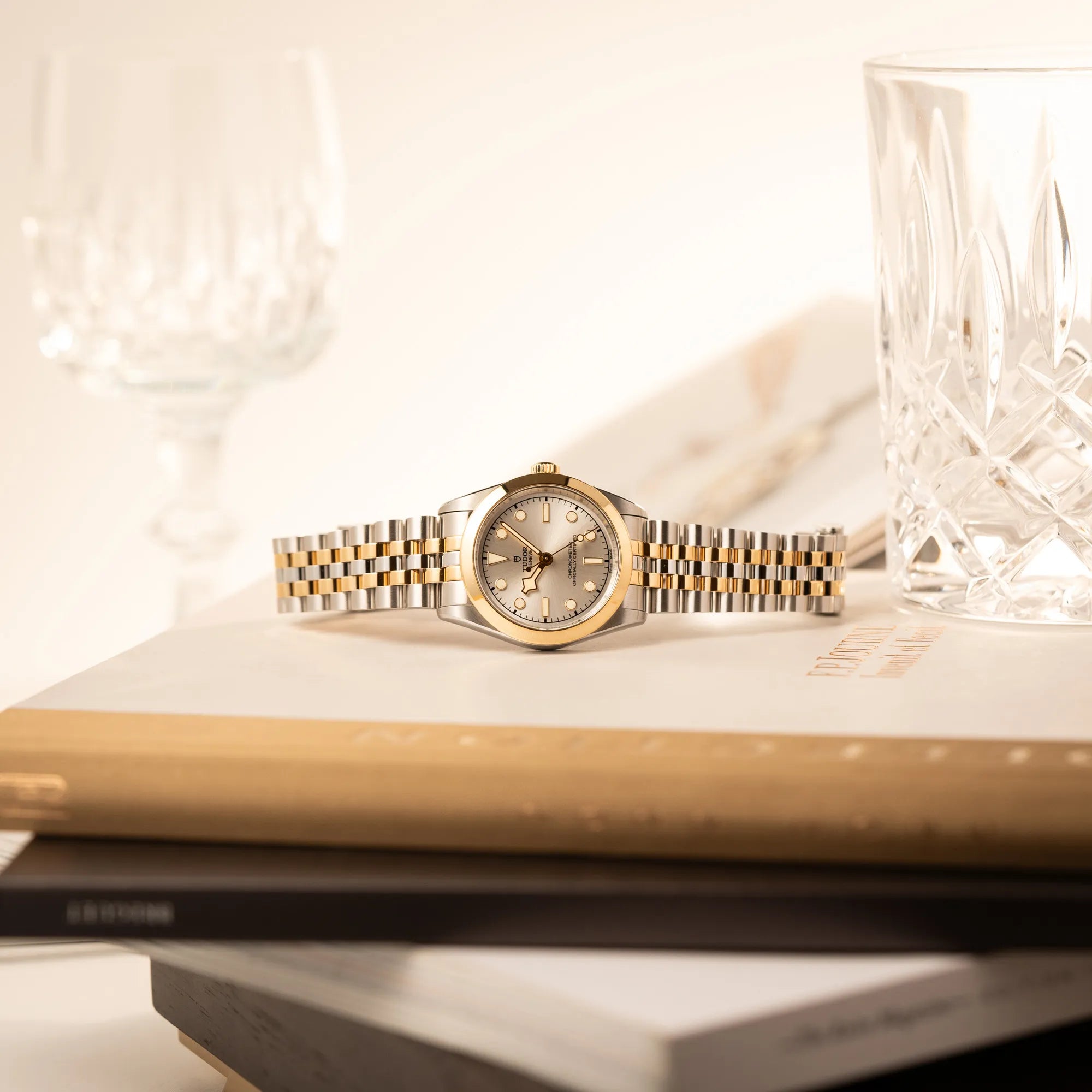 Produktfotografie der seitlich auf dem Gehäuse liegenden Tudor Black Bay 31 Stahl Gold der Referenz 79603 mit silberfarbenem Zifferblatt am Jubilee-Armband