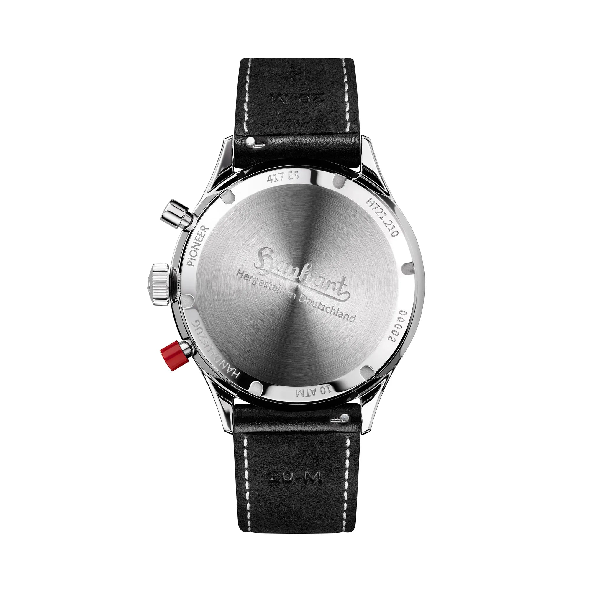 Verschraubter Gehäuseboden der Hanhart 417 ES 1954 Heritage Flyback mit 39mm-Gehäuse und schwarzem Zifferblatt