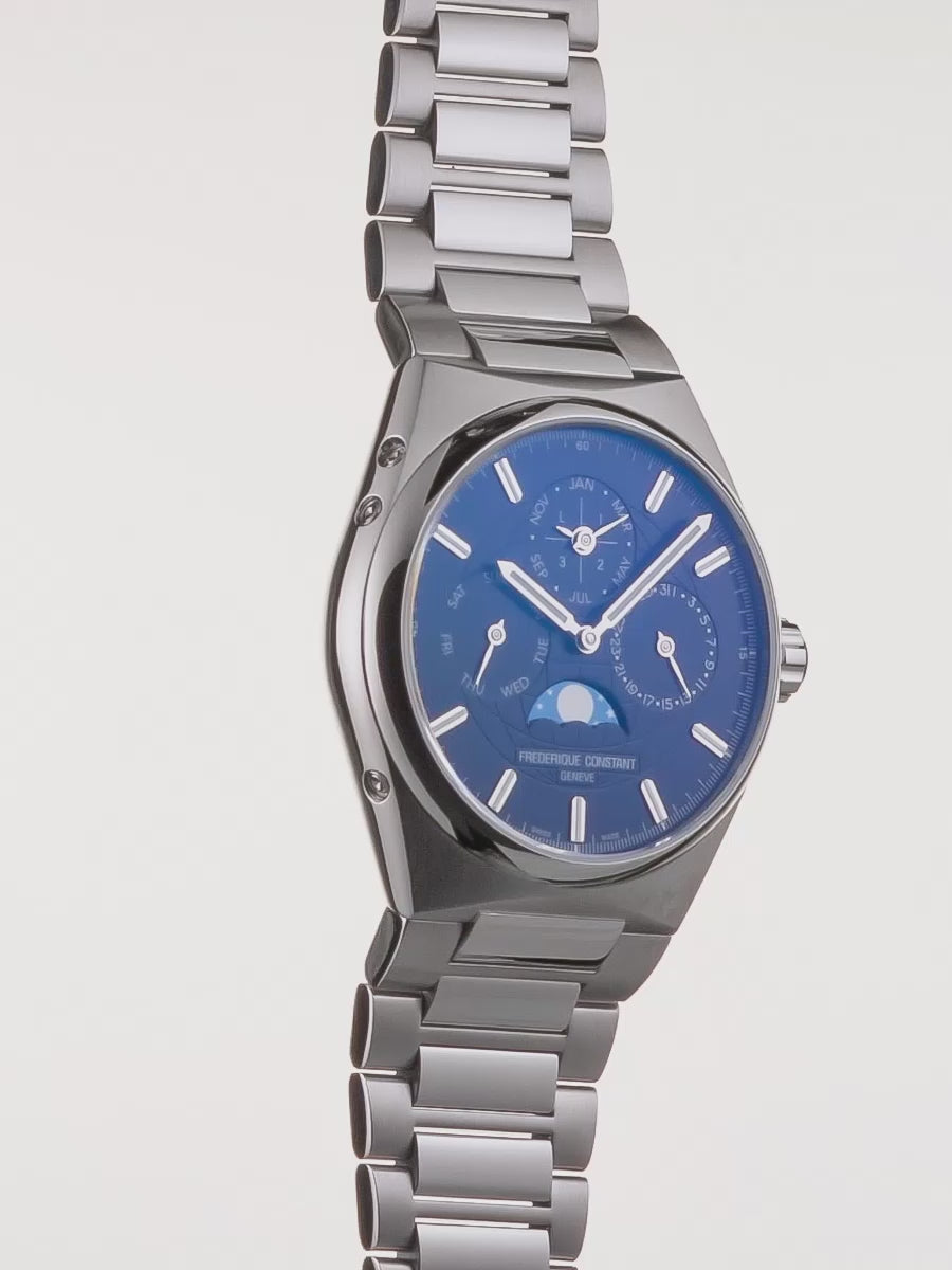 Produktvideo des Ansicht des ewigen Kalenders mit einem blauen Zifferblatt aus der Highlife Kollektion von Frederique Constant