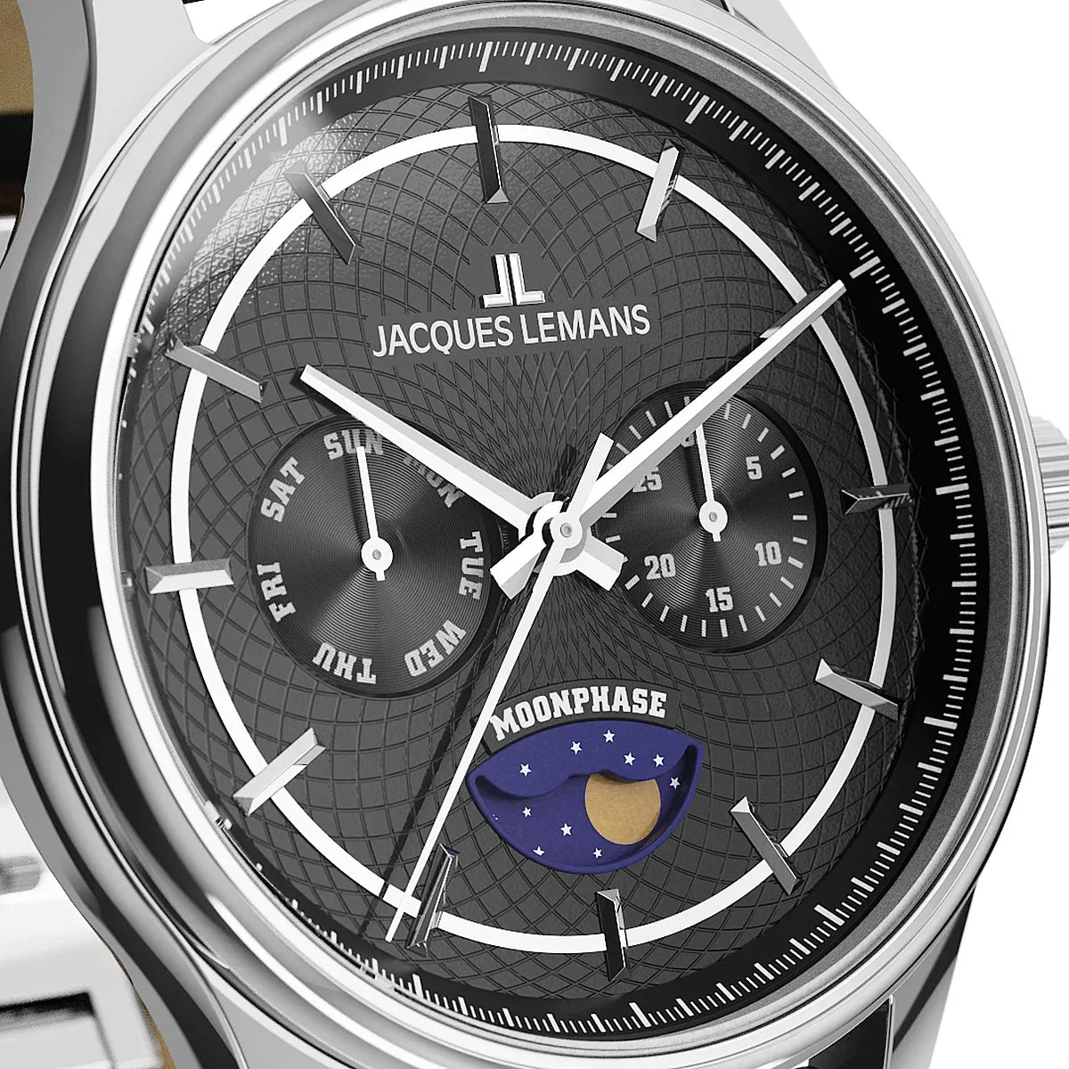Detailaufnahme der Jacques Lemans 2213-A Herrenuhr aus der Derby-Kollektion mit schwarzem Zifferblatt am schwarzen Lederband