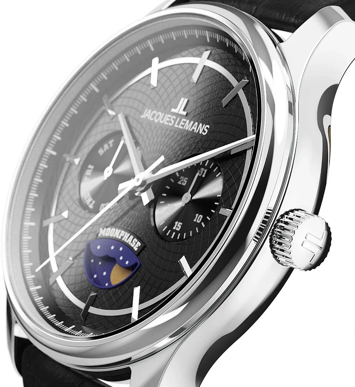 Blick auf die Aufzugskrone der Jacques Lemans 2213-A Herrenuhr aus der Derby-Kollektion mit schwarzem Zifferblatt am schwarzen Lederband