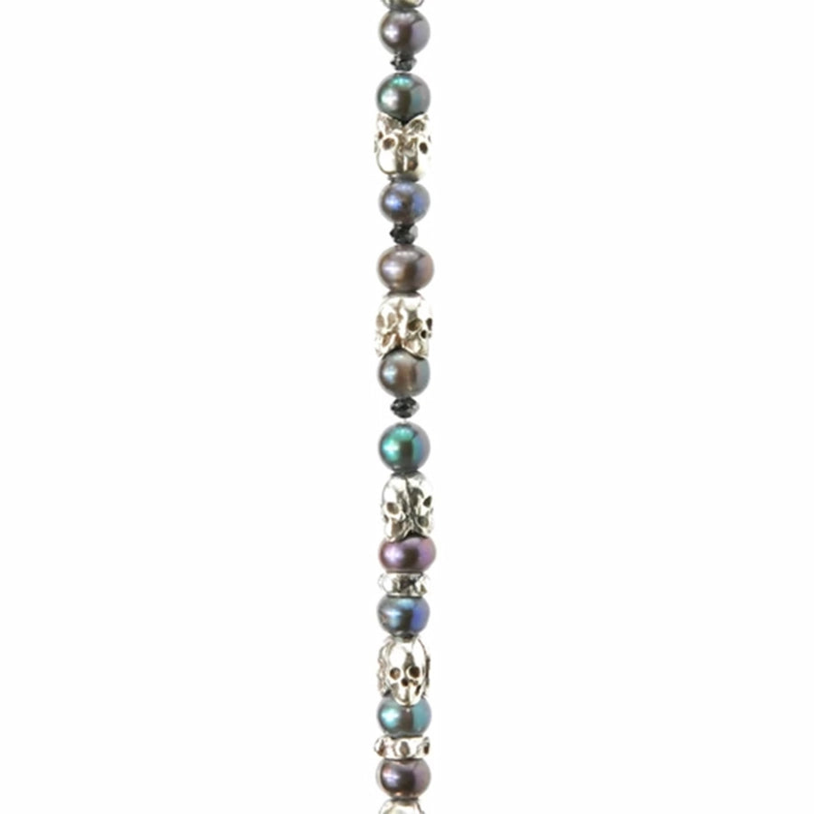 Elfcraft Armbands mit schwarzen Perlen und silbernen Totenkopf-Elementen und 3 kleinen schwarzen Diamanten