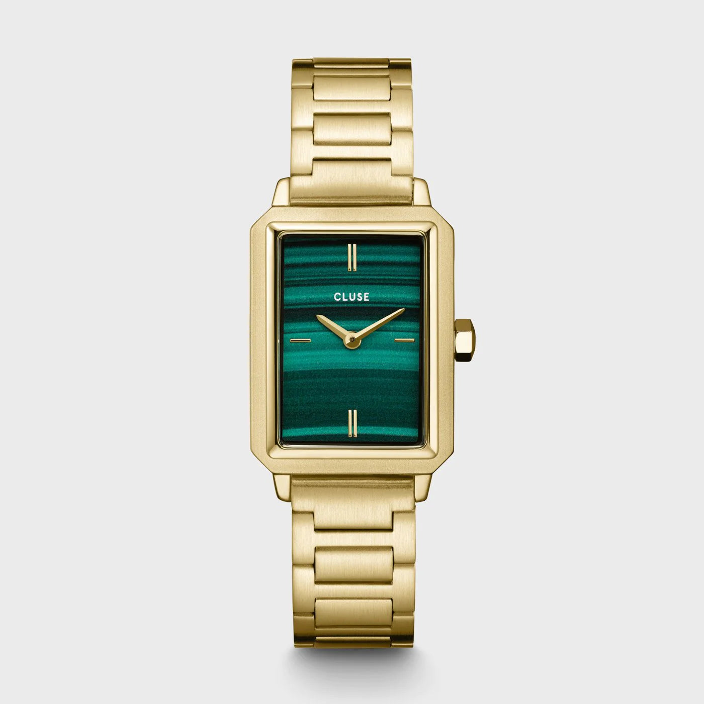 Frontale Ansicht der Cluse "Fluette" Stahl-Uhr mit grünem Malachit-Druck-Zifferblatt mit goldfarbenem Gehäuse