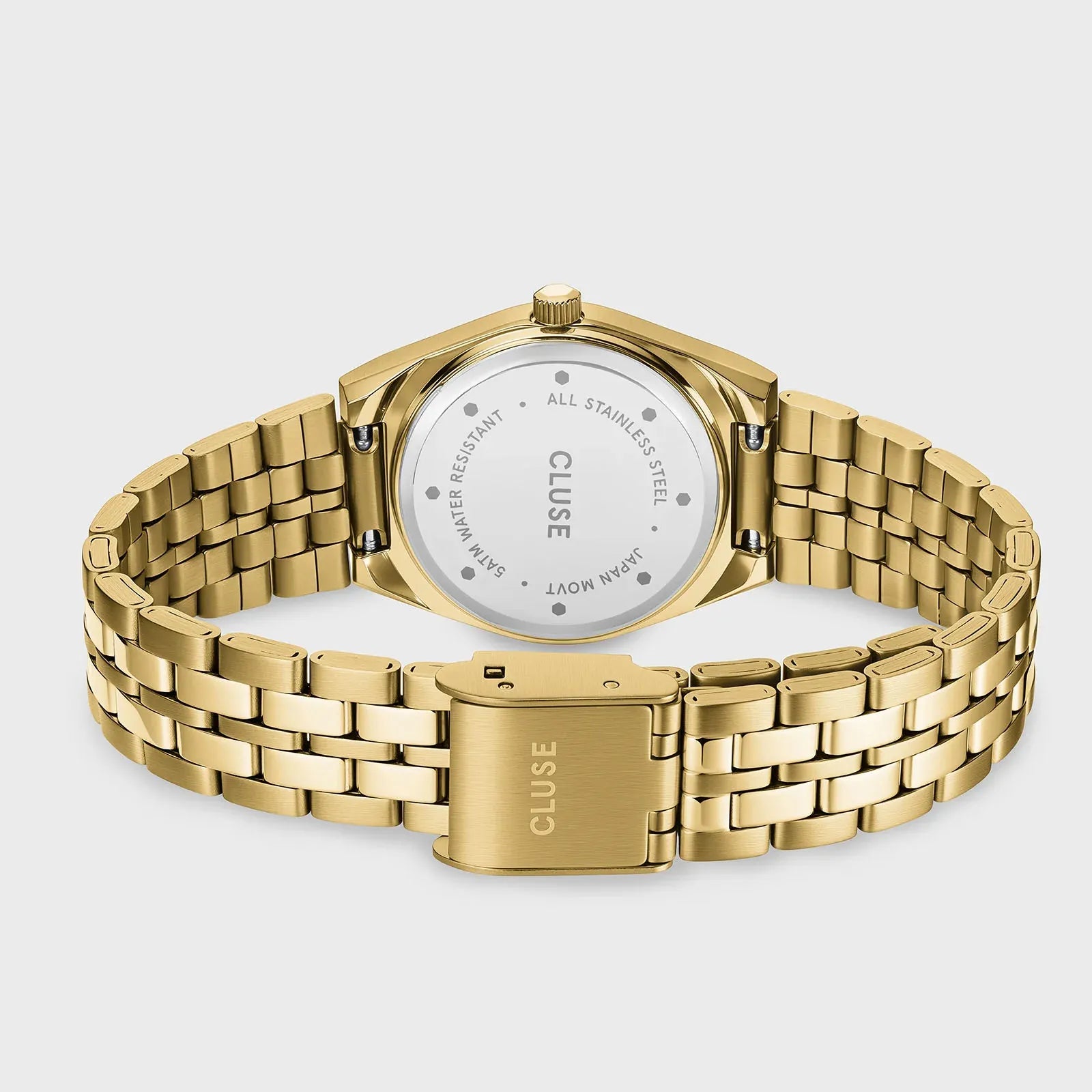 Blick auf das Band und den Gehäuseboden der goldfarbenen Cluse CW16302 Retro 70s Mini Damenuhr 