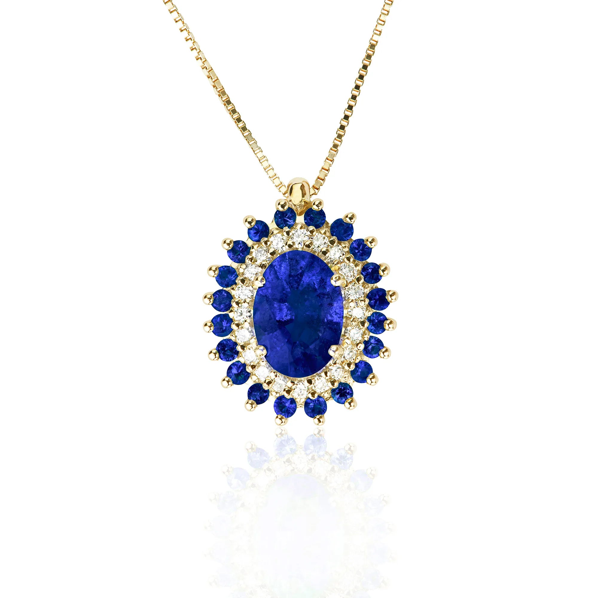 Produktfotografie des ovalen Colliers CZ-88-1Z-1G aus 750er Gelbgold von Lunatica Roma mit einem ovalen Saphir umschlossen von einem Brilliant-Kranz und einem Saphir-Kranz
