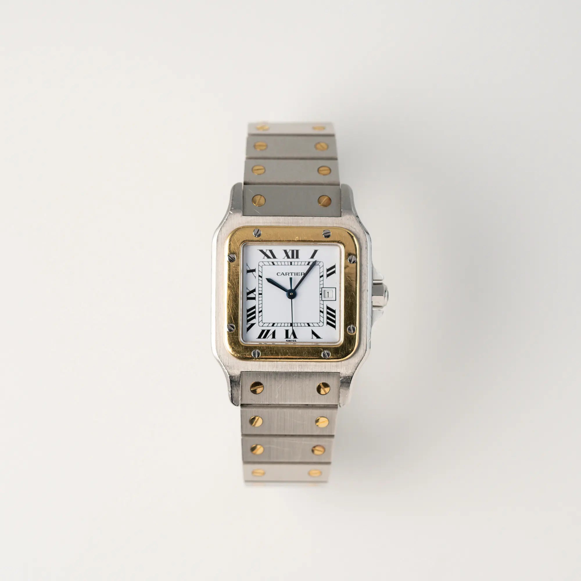 Frontale Ansicht der Cartier Santos Carree 2961 in Stahl-Gold aus 1987