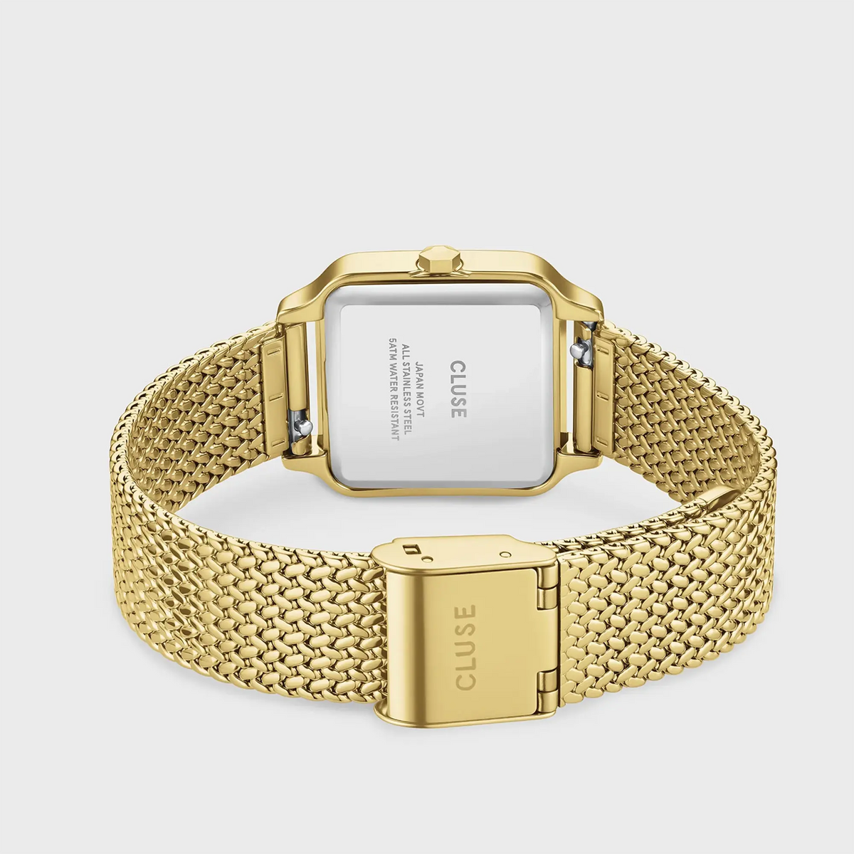 Armband der goldfarbenen Cluse Gracieuse Petite Damenuhr CW11830  mit braunem Sonnenschliff-Zifferblatt am Mesh-Armband