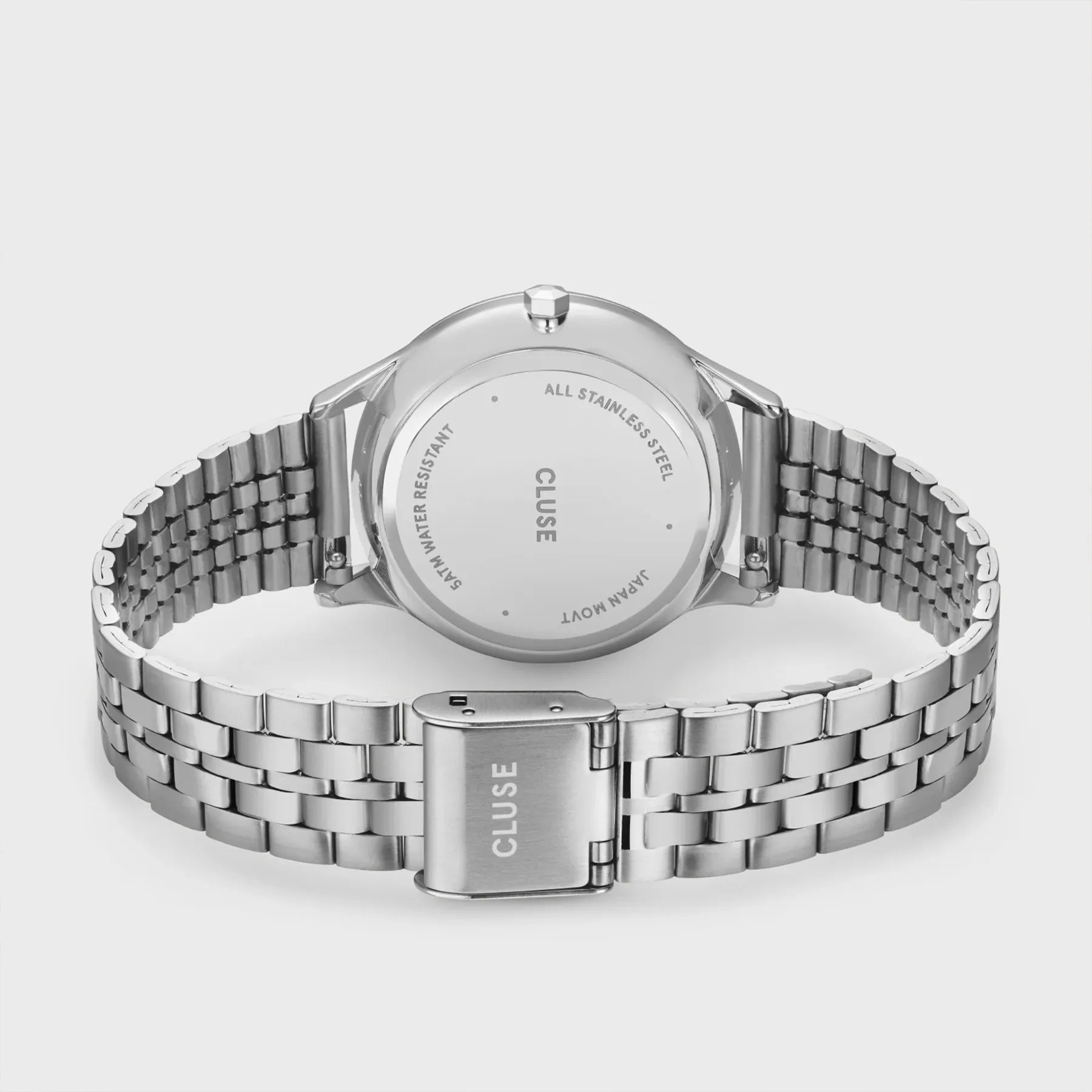 Armband der silberfarbenen Cluse Damenuhr Minuit Date der Referenz CW14303 mit silbernem Zifferblatt an einem 5-gliedrigen Edelstahl-Armband