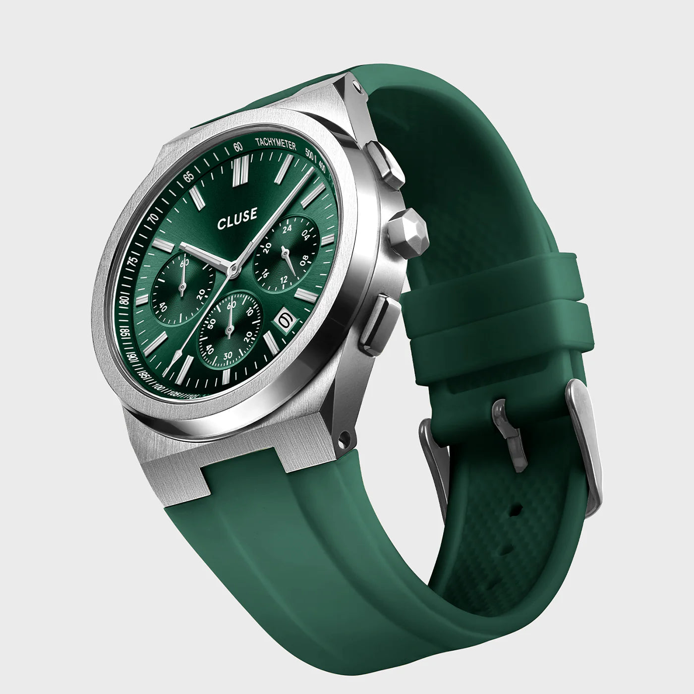 Produktfotografie der Cluse Armbanduhr CW20808 mit Chronograph-Funktion an einem grünen Silikon-Armband
