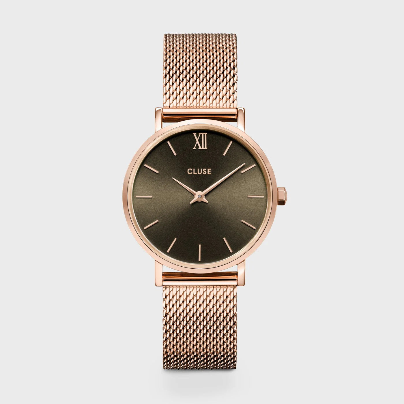 Frontale Ansicht der Cluse Stahl-Uhr "Minuit Mesh" in roségoldener Farbe mit einem grau-braunen Zifferblatt