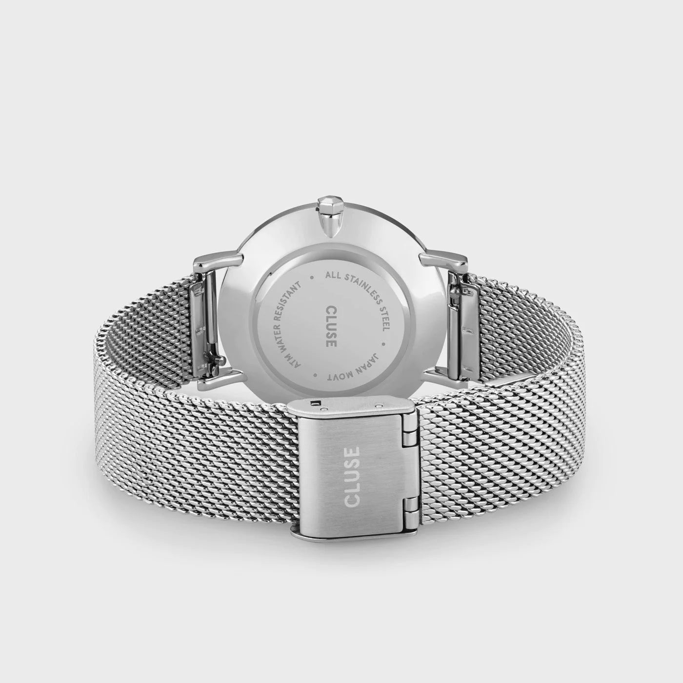Gehäuseboden und Edelstahl-Armband der Cluse Stahl-Uhr "Minuit Mesh" mit silberfarbenem Gehäuse und weißem Zifferblatt