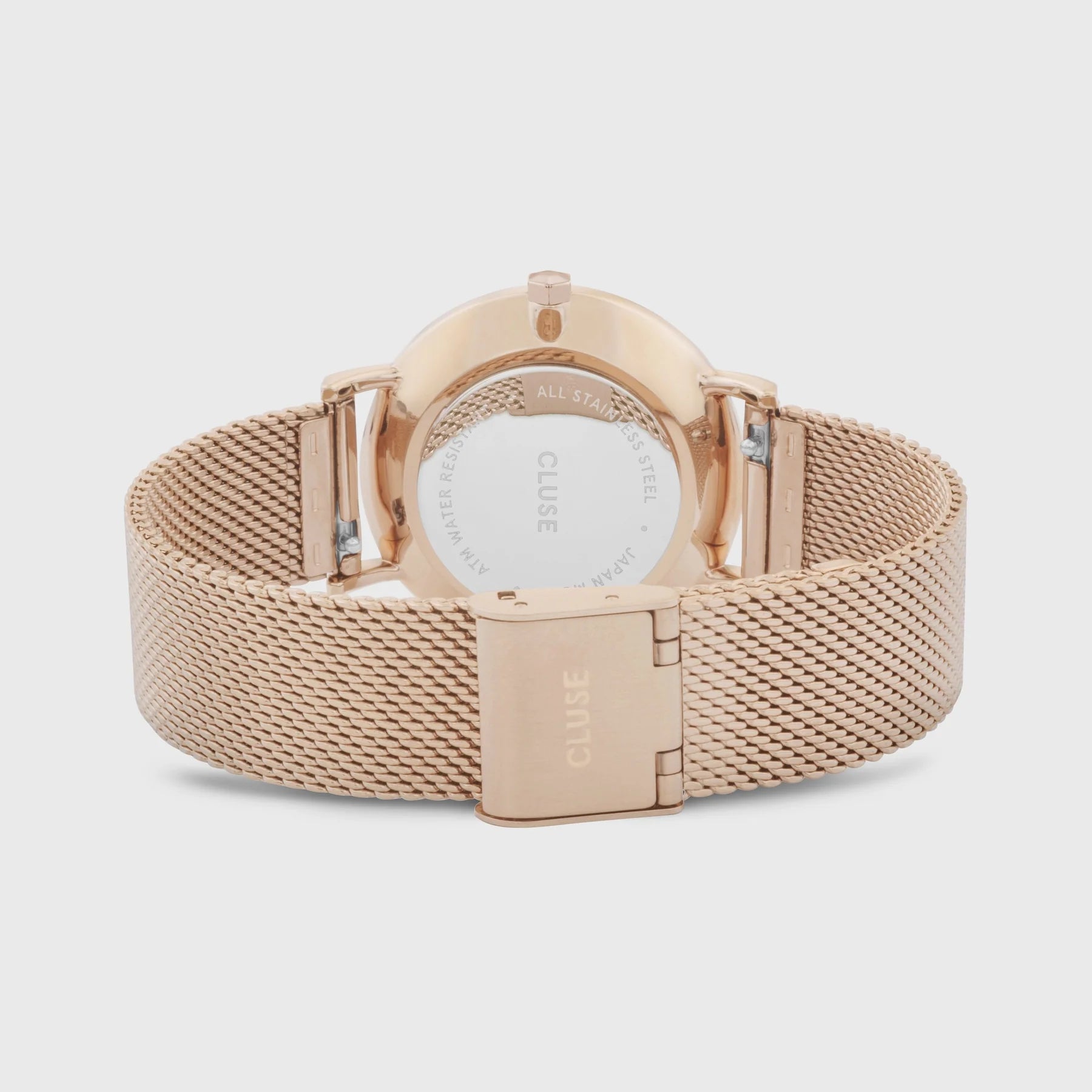 Gehäuseboden und Mesh-Edelstahl-Armband der Cluse Stahl-Uhr "Minuit Mesh" mit roségold-farbenem Gehäuse