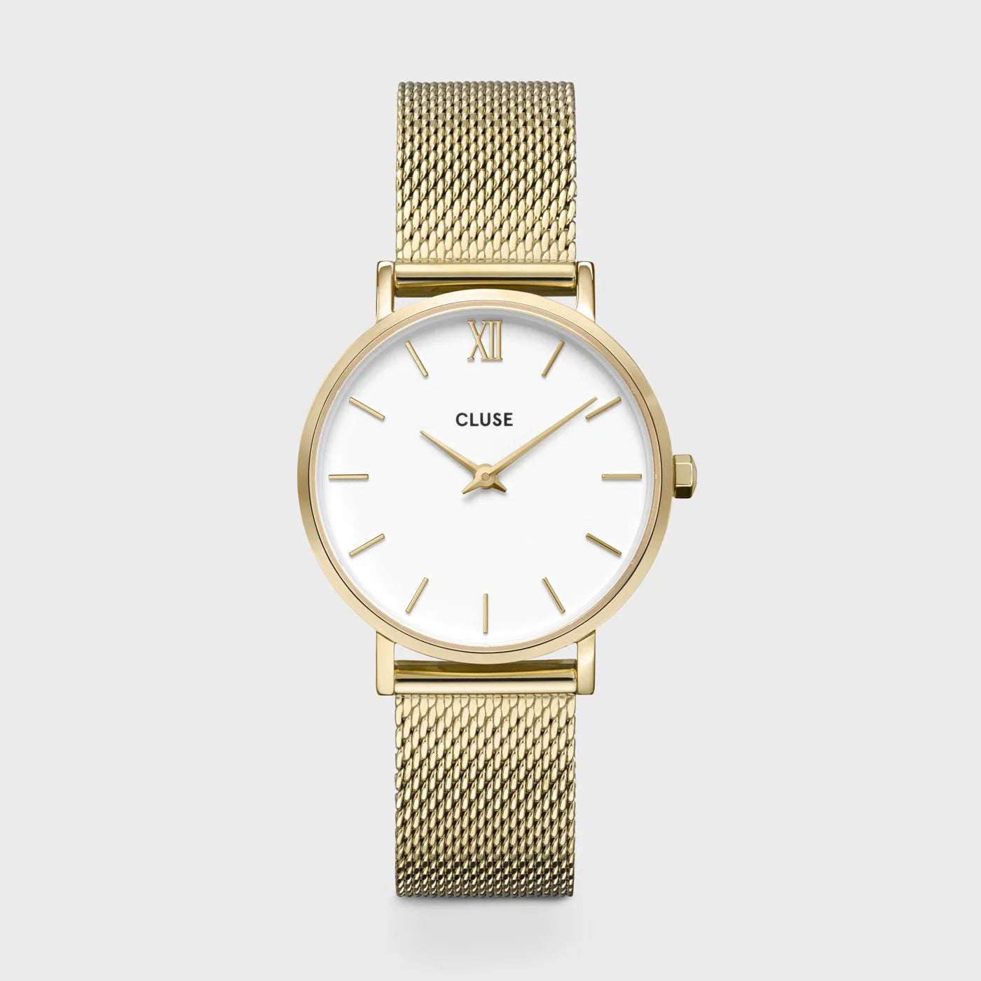 Frontale Ansicht der Cluse Stahl-Uhr "Minuit Mesh" mit goldfarbenem Gehäuse und weißem Zifferblatt