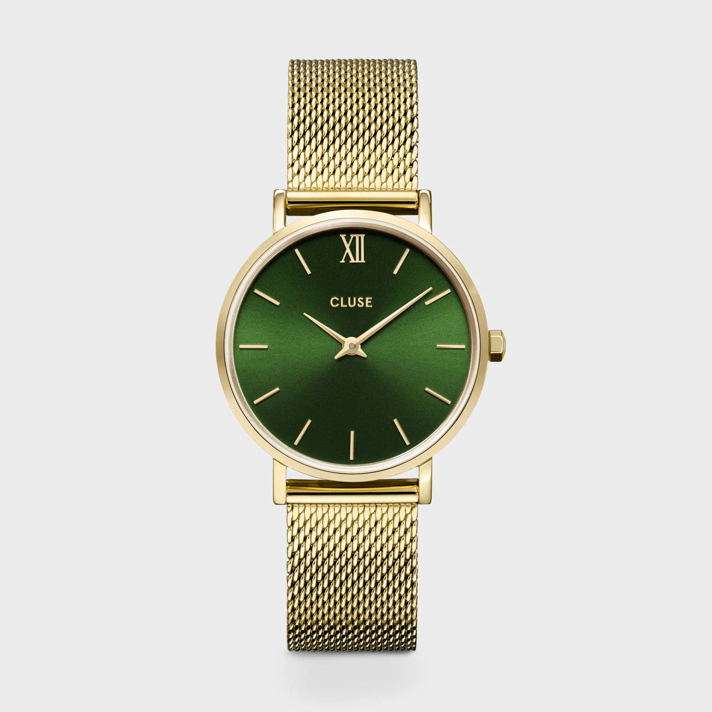 Frontale Ansicht der Cluse Stahl-Uhr "minuit Mesh" mit gelbgolden-farbigen Gehäuse mit grünem Zifferblatt
