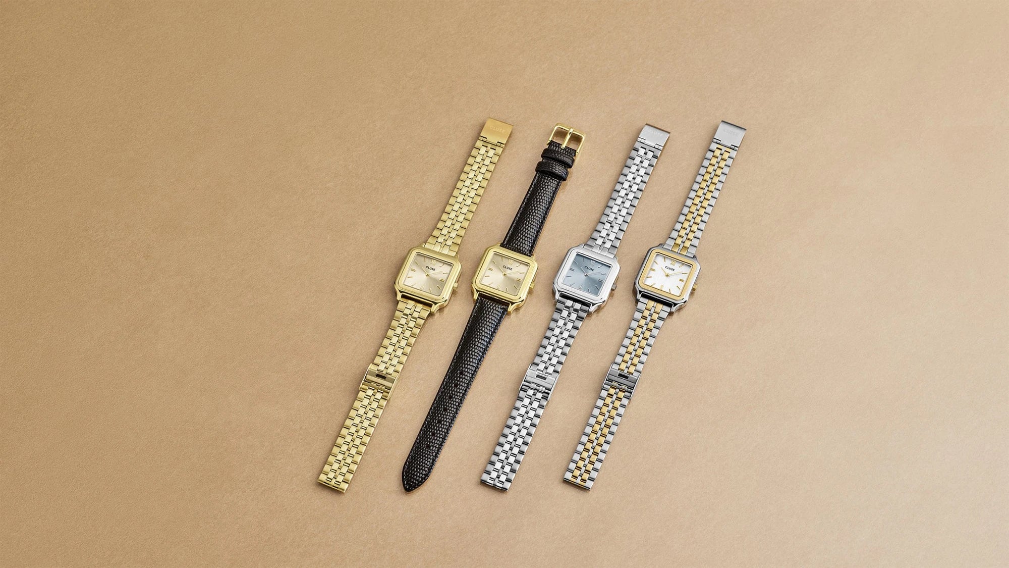 Vier Cluse Uhren aus der Gracieuse-Linie in verschiedenen Varianten: Gold, Silber, Bicolor & am Lederband