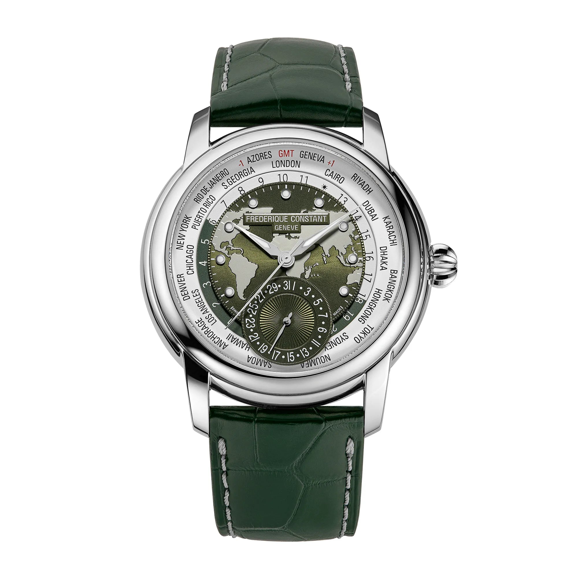 Frontale Ansicht der Manufacture Worldtimer von Frederique Constant in Grün mit Weltkarten-Zifferblatt