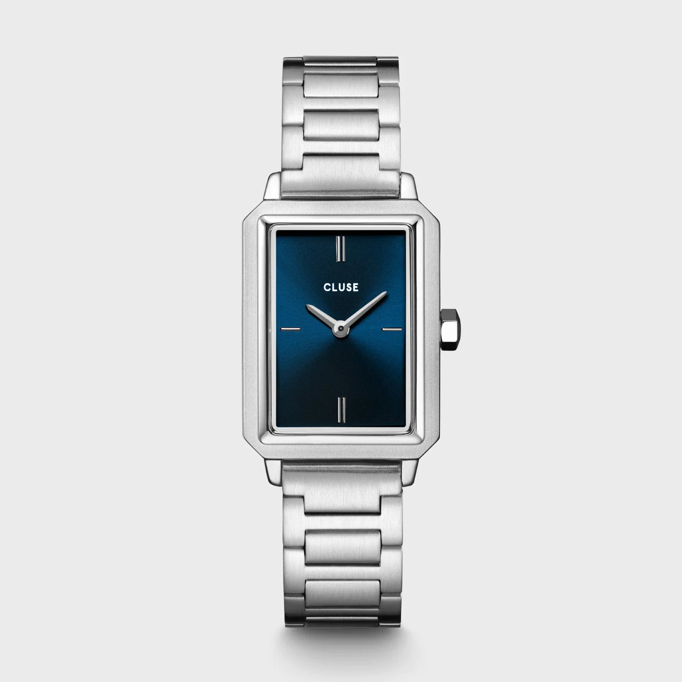 Frontale Ansicht der Cluse "Fluette" Stahl-Uhr mit dunkelblauem Zifferblatt mit silberfarbenem Gehäuse mit Edelstahl-Armband