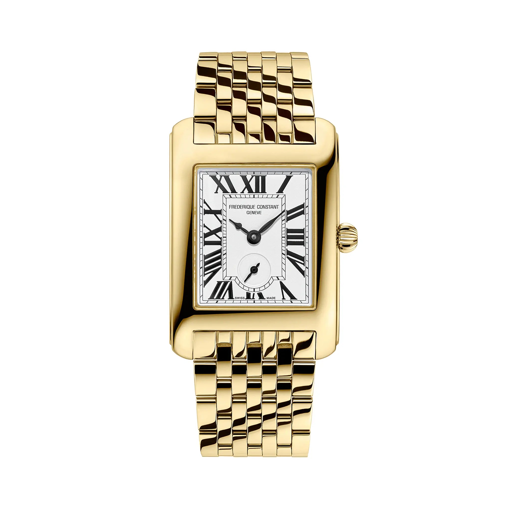 Frontale Ansicht der goldfarbenen Frederique Constant Classics Carree Small Seconds Armbanduhr mit rechteckigem Gehäuse im Art-Deco-Stil und römischen Indizes