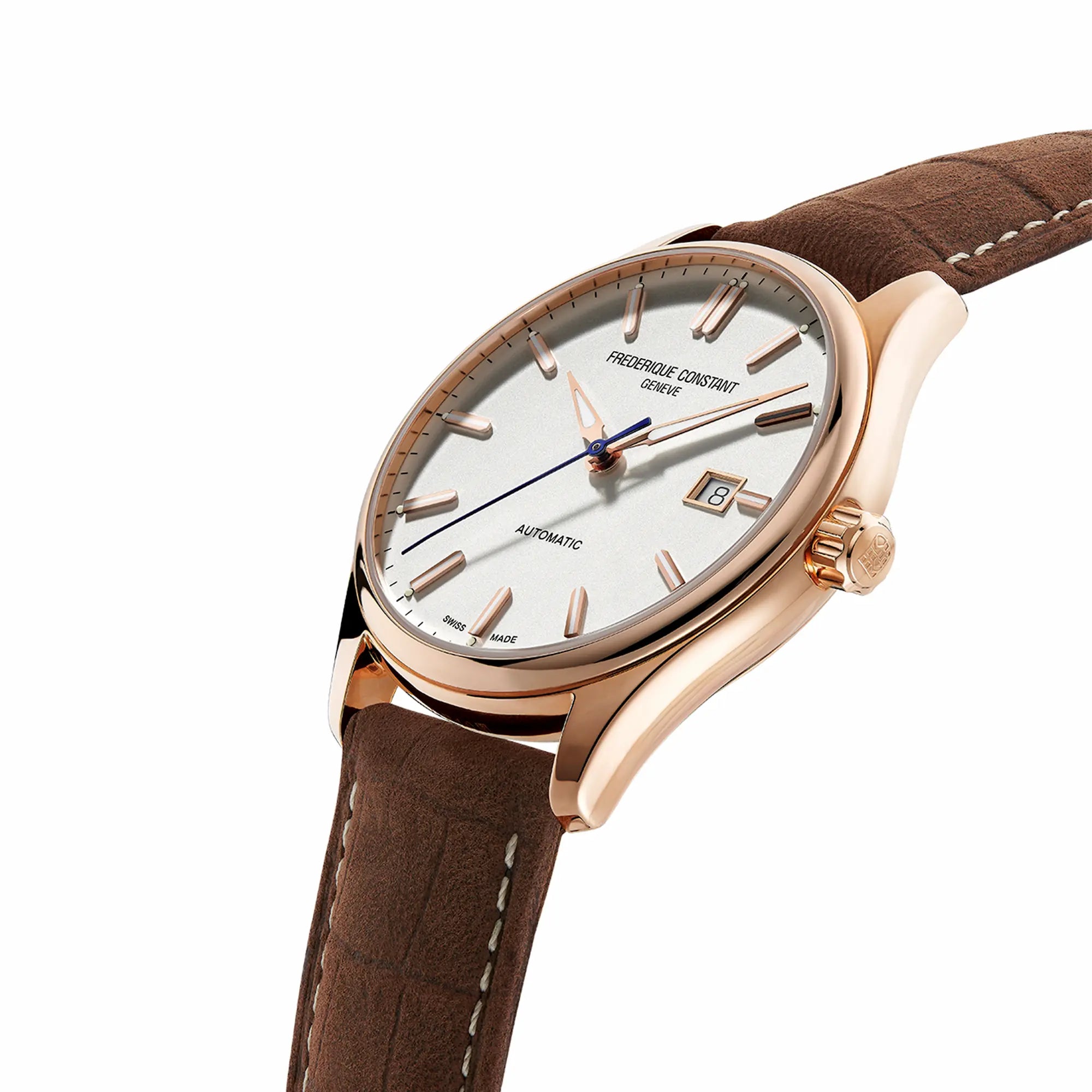 Leicht seitliche Ansicht der Frederique Constant Classics Index Automatic mit einem goldfarbenem Gehäuse an einem braunen Lederarmband