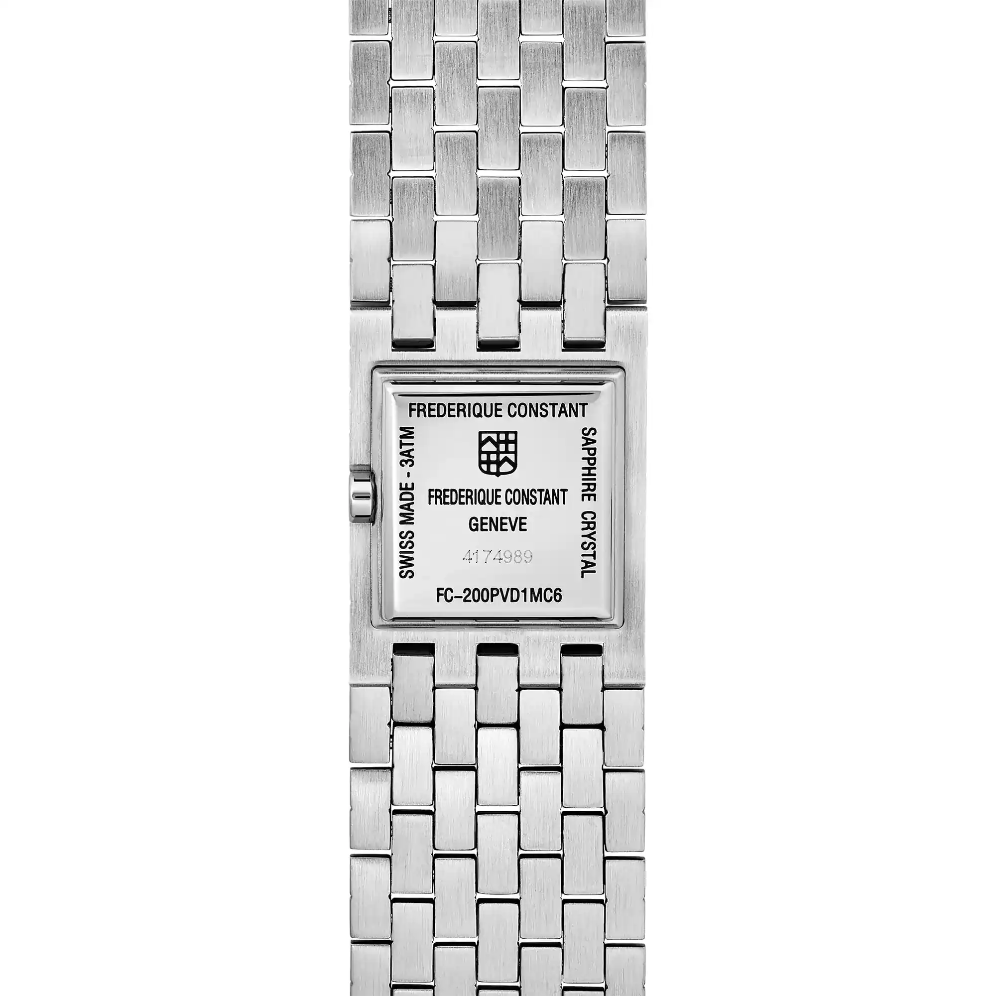 Rückansicht der Manchette Armbanduhr von Frederique Constant mit schwarzem Onyx Zifferblatt, die insgesamt mehr einem Armband ähnelt mit Blick auf den Gehäuseboden