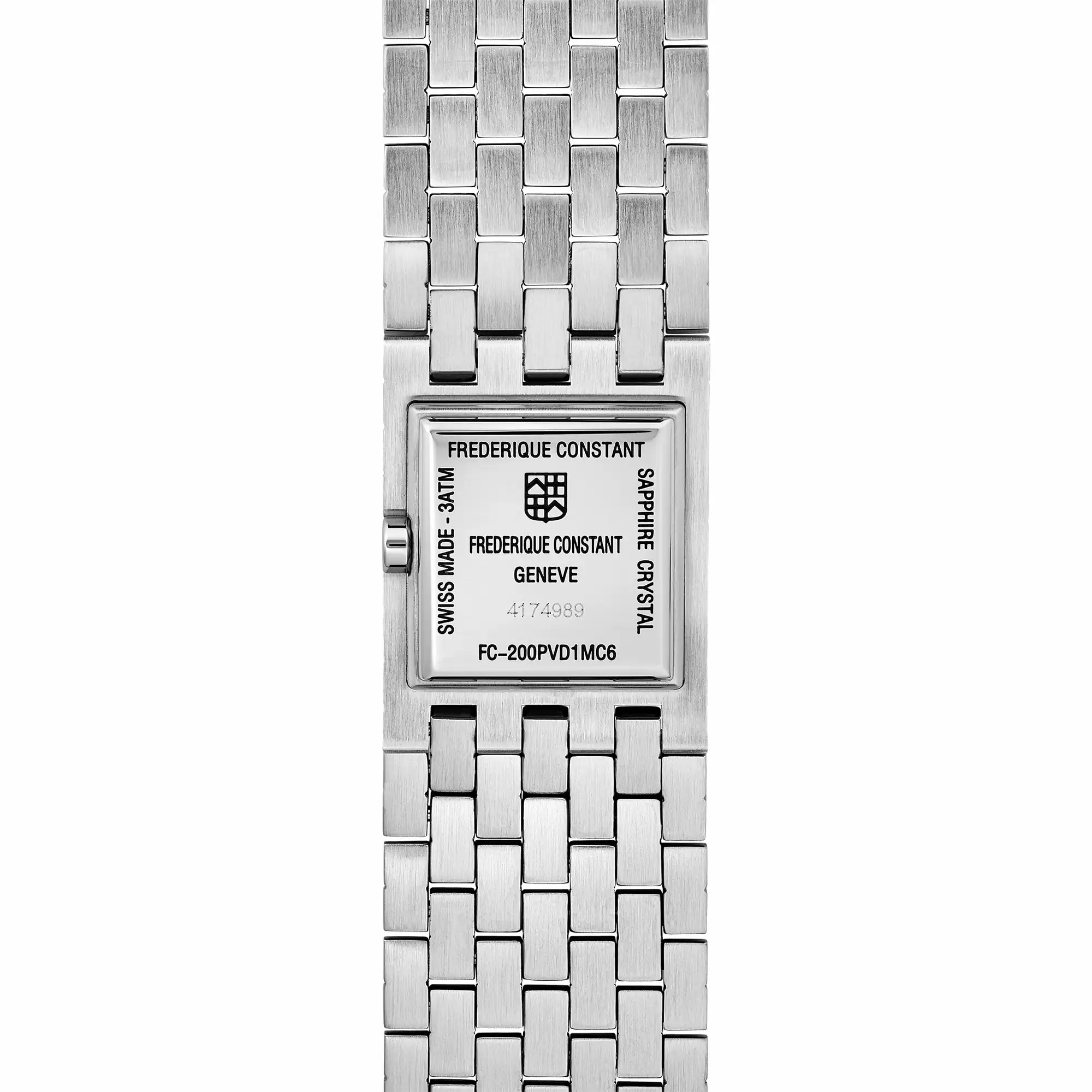 Rückansicht der Manchette Armbanduhr von Frederique Constant mit schwarzem Onyx Zifferblatt, die insgesamt mehr einem Armband ähnelt mit Blick auf den Gehäuseboden