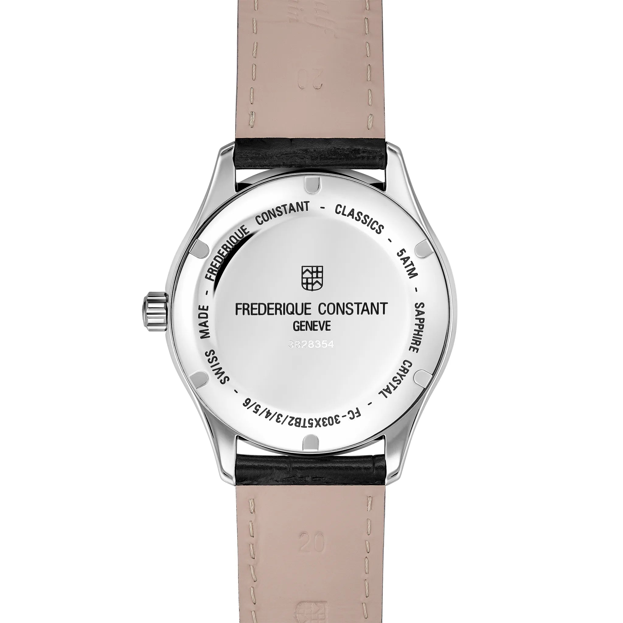 Rückseite der Frederique Constant Classics Automatic FC-303MC5B6 mit silberfarbenen Zifferblatt und römischen Indizes zeigt den verschraubten Gehäuseboden