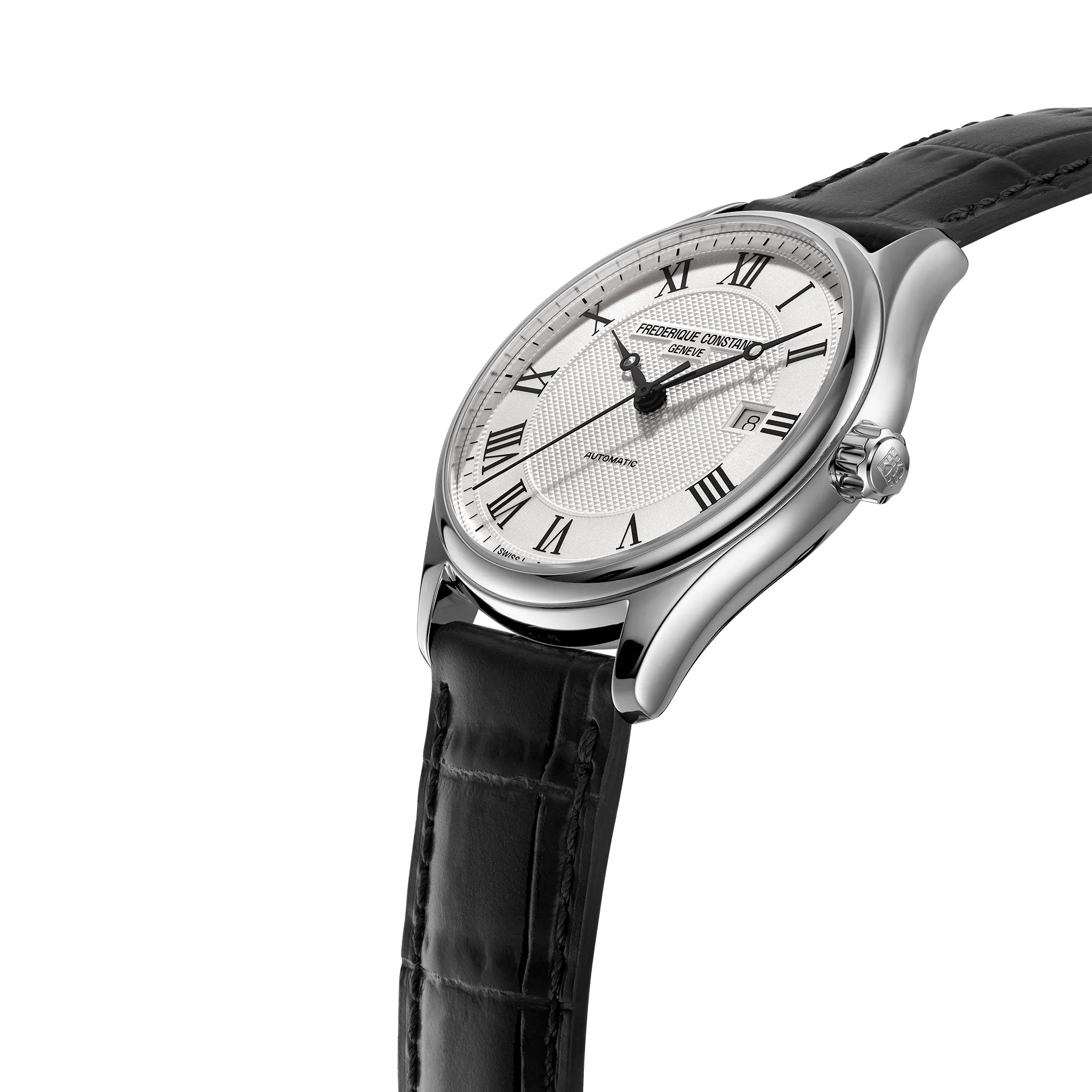 Leicht seitliche Gehäuseansicht der rederique Constant Classics Automatic FC-303MC5B6 mit silberfarbenen Zifferblatt und römischen Indizes