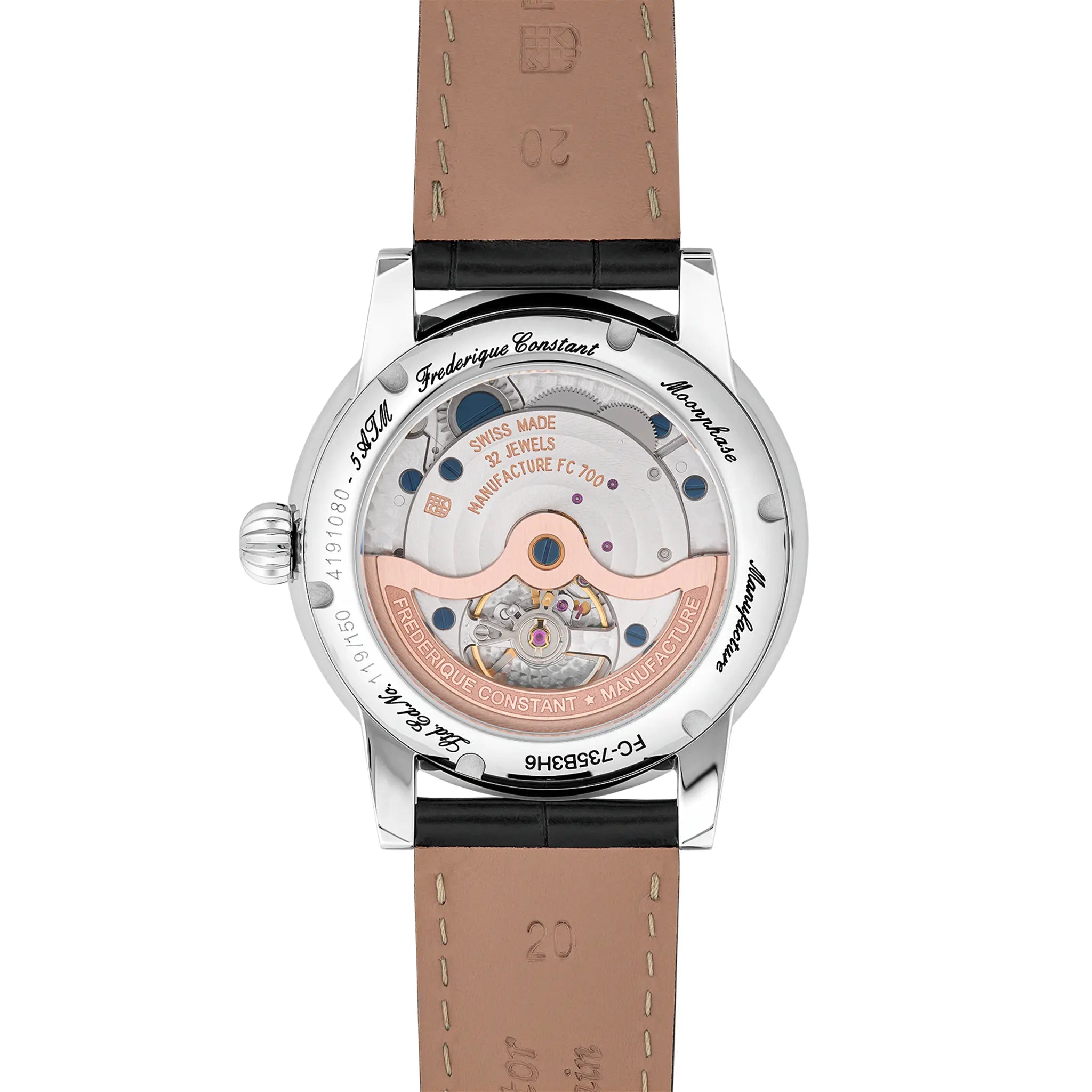 Gehäuseboden mit Sichtglas von der  Frederique Constant Classic Power Reserve Big Date aus der Manufacture Kollektion mit einem schwarzen Lack-Zifferblatt an einem schwarzen Lederband zeigt das Automatikuhrwerk