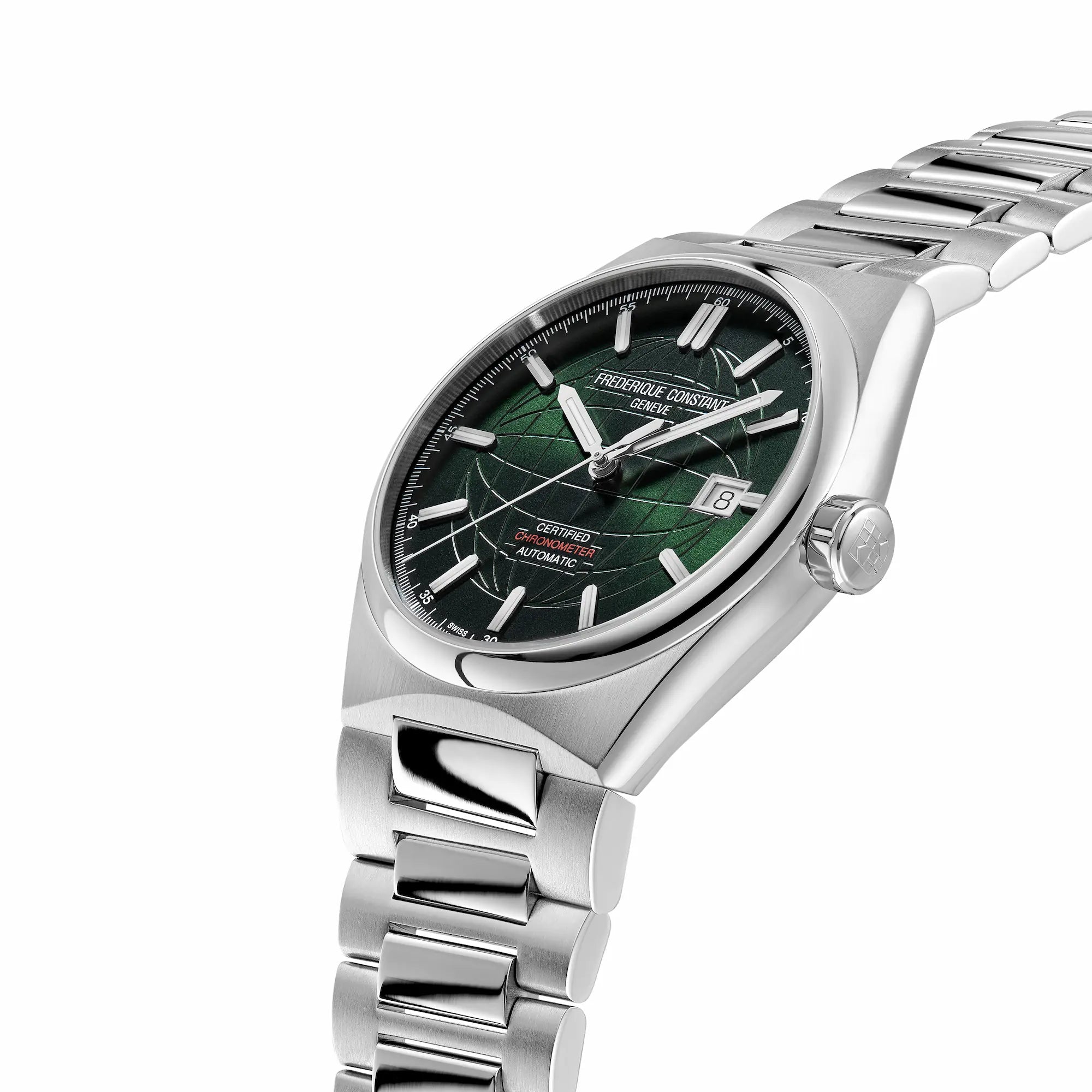 Leicht seitliche Ansicht des Uhren-Modells "Highlife Automatic COSC" mit dem grünen Sonnenschliff Zifferblatt von Frederique Constant