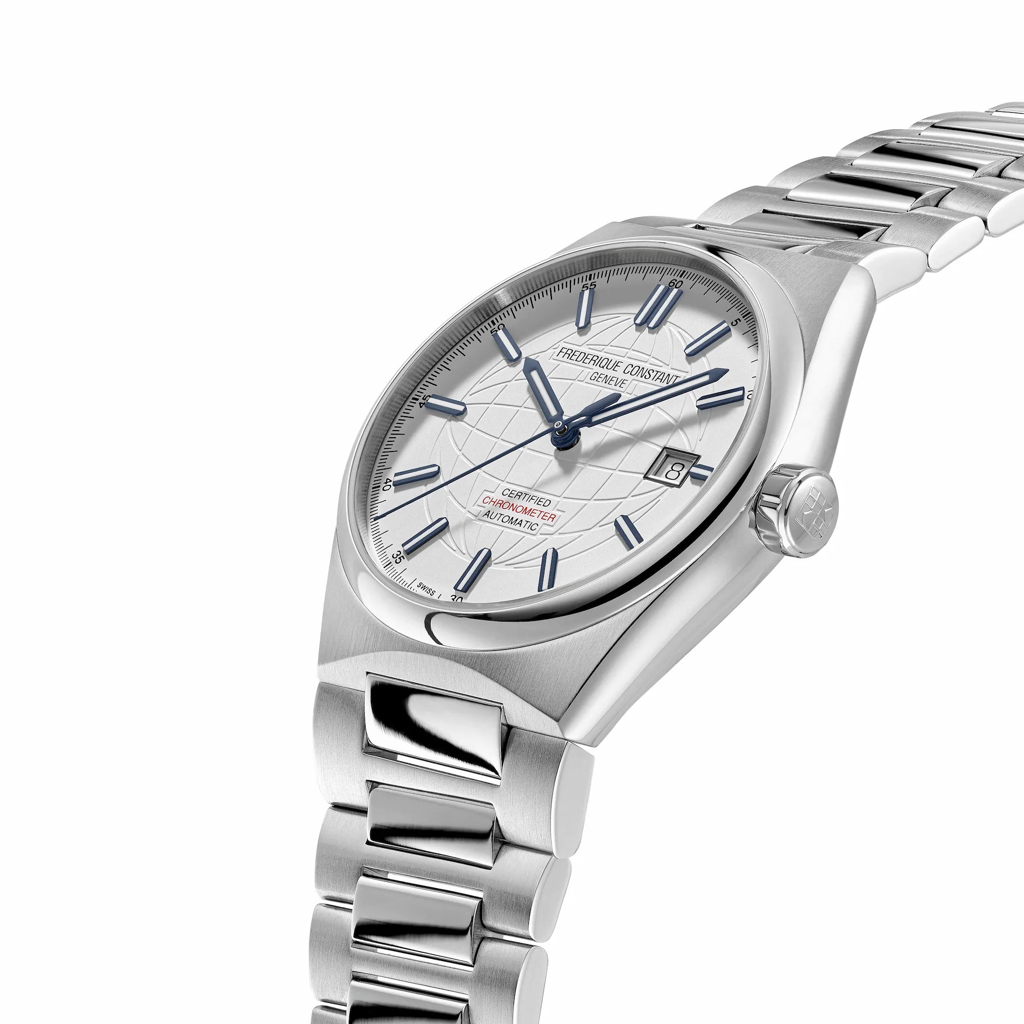 Leicht seitliche Ansicht des Uhren-Modells "Highlife Automatic COSC" mit dem weißen Zifferblatt mit blauen Indizes von Frederique Constant