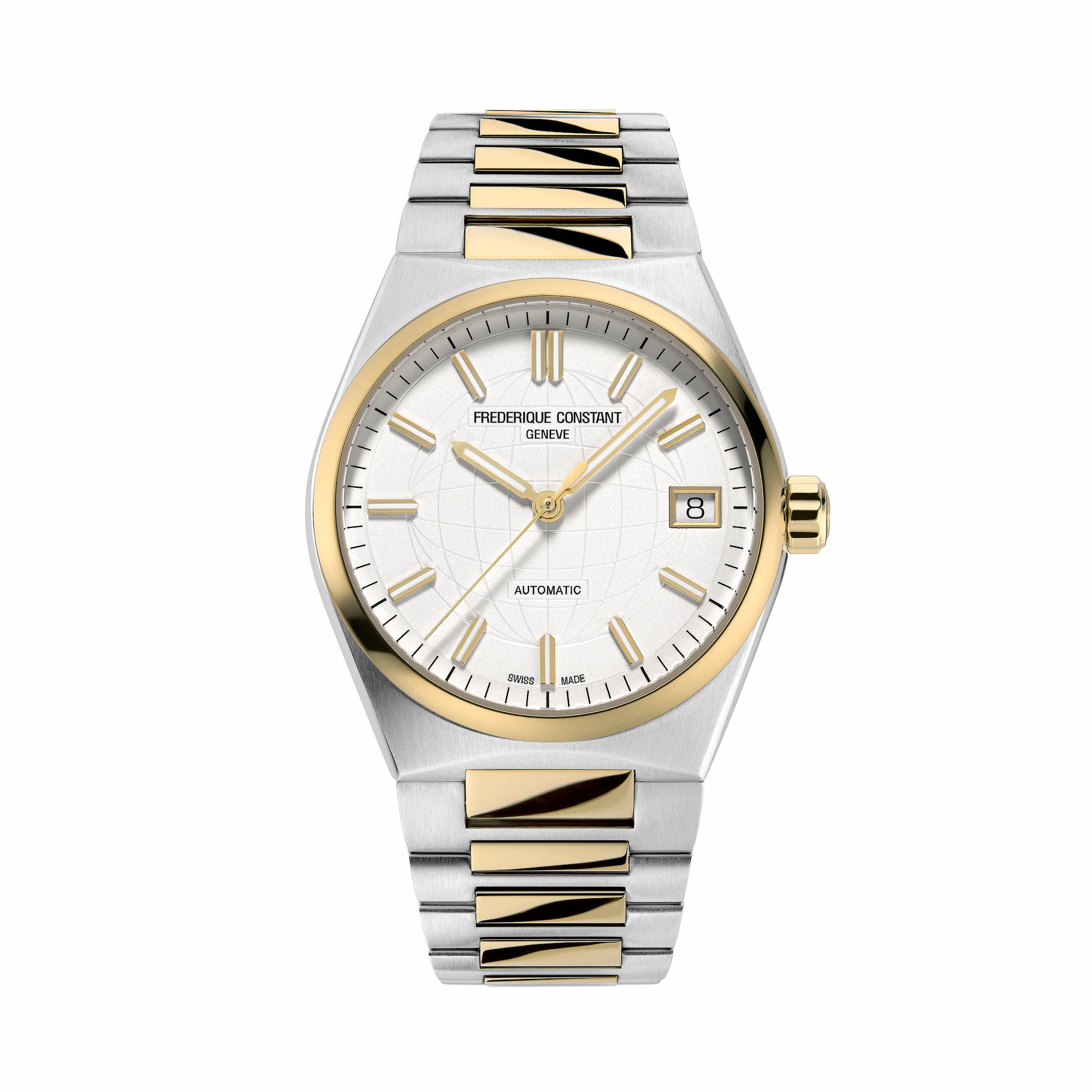 Frontale Ansicht der Frederique Constant Uhr "Highlife Ladies Automatic" mit einem weißen Zifferblatt und Stahl-Gold-Gehäuse