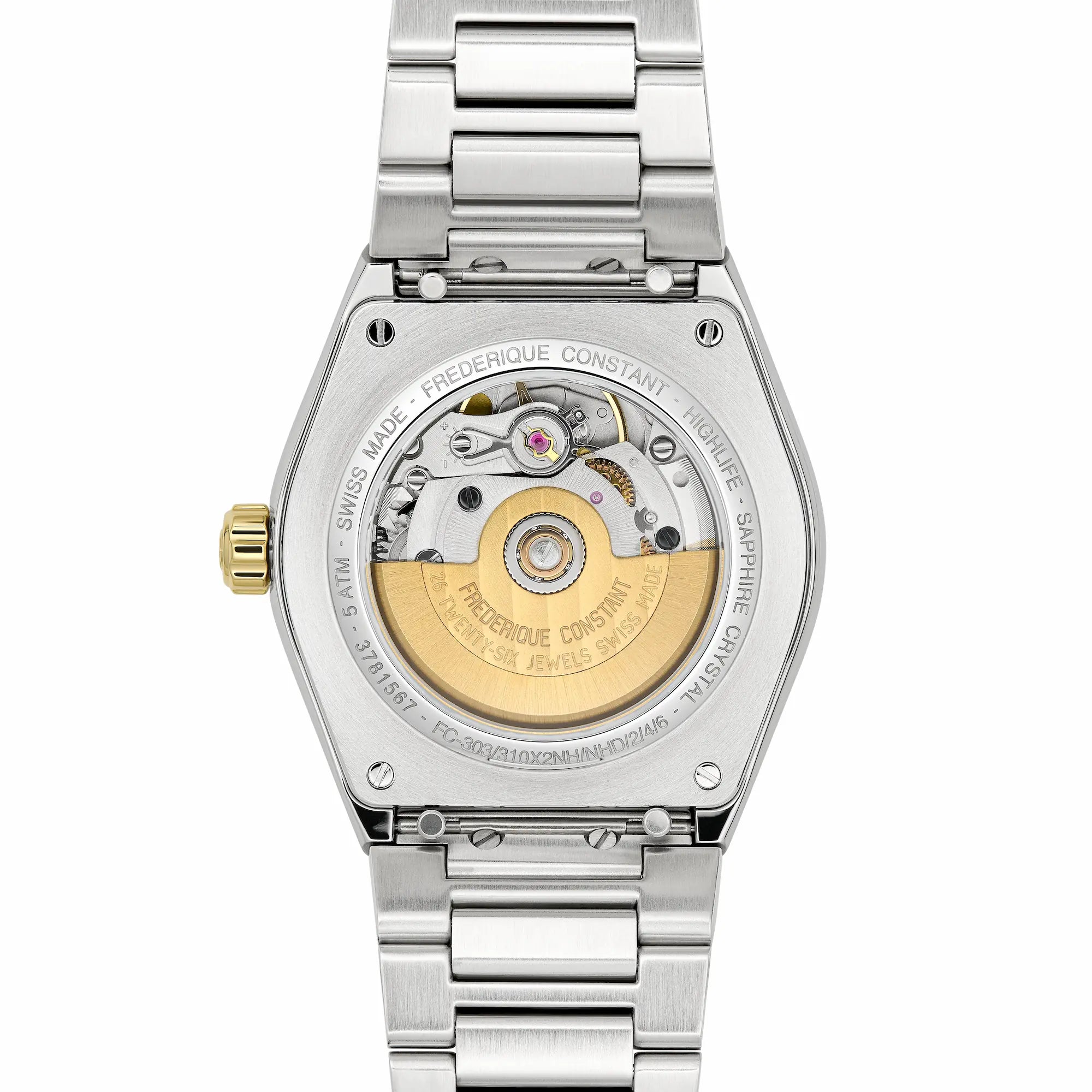 Rückseite der Frederique Constant Uhr "Highlife Ladies Automatic" mit einem weißen Zifferblatt und Stahl-Gold-Gehäuse mit Blick auf das Uhrwerk