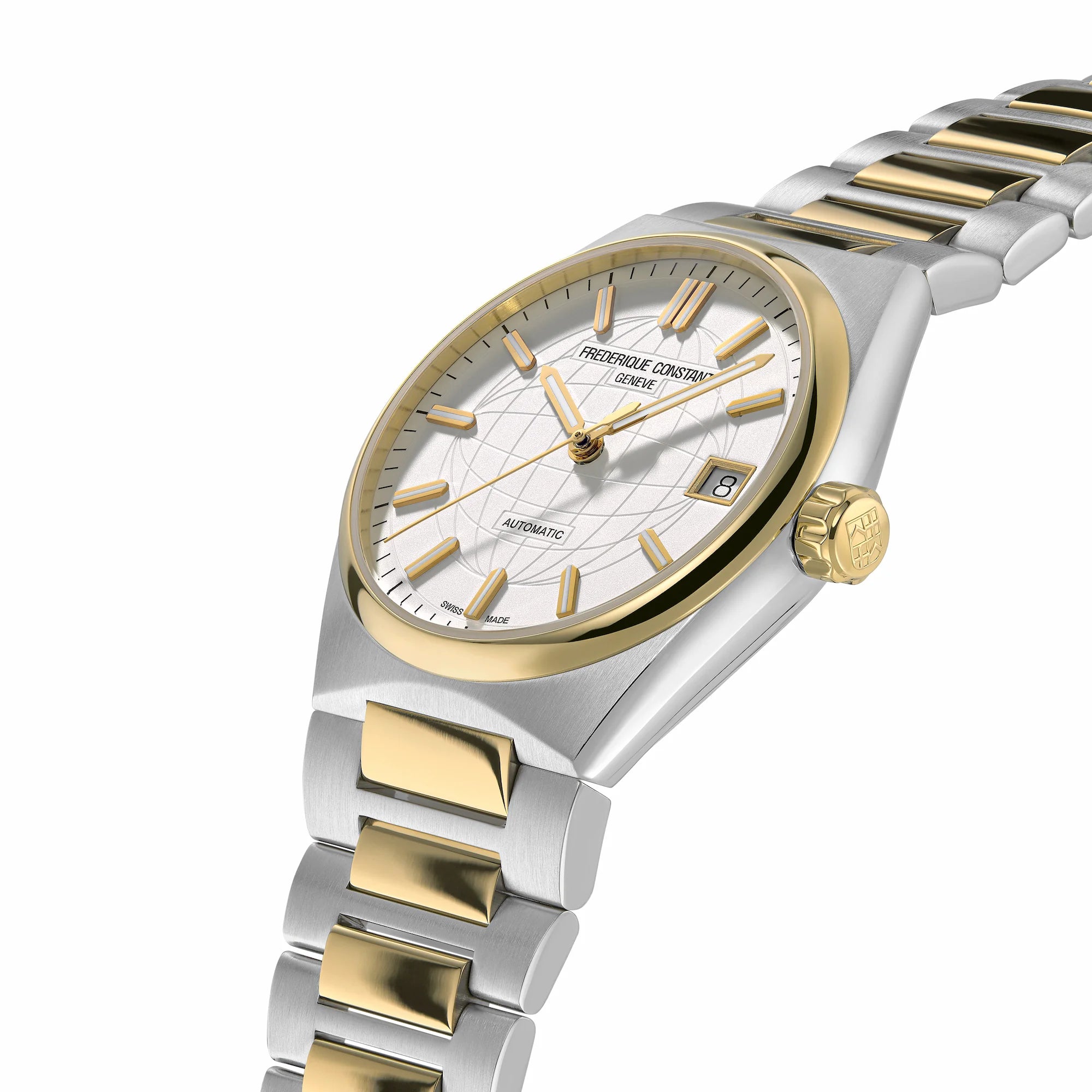 Leicht seitliche Ansicht der Frederique Constant Uhr "Highlife Ladies Automatic" mit einem weißen Zifferblatt und Stahl-Gold-Gehäuse