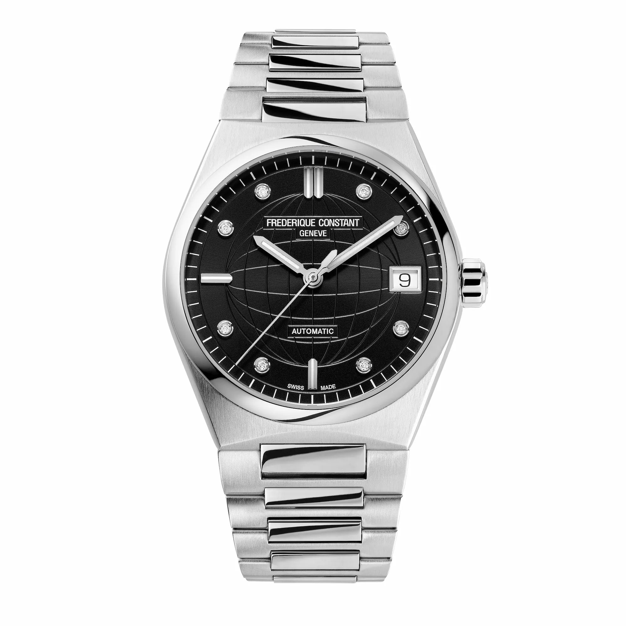 Frontale Ansicht der Frederique Constant Uhr "Highlife Ladies Automatic" mit einem schwarzen Zifferblatt mit Diamant-Indizes und Edelstahl-Gehäuse