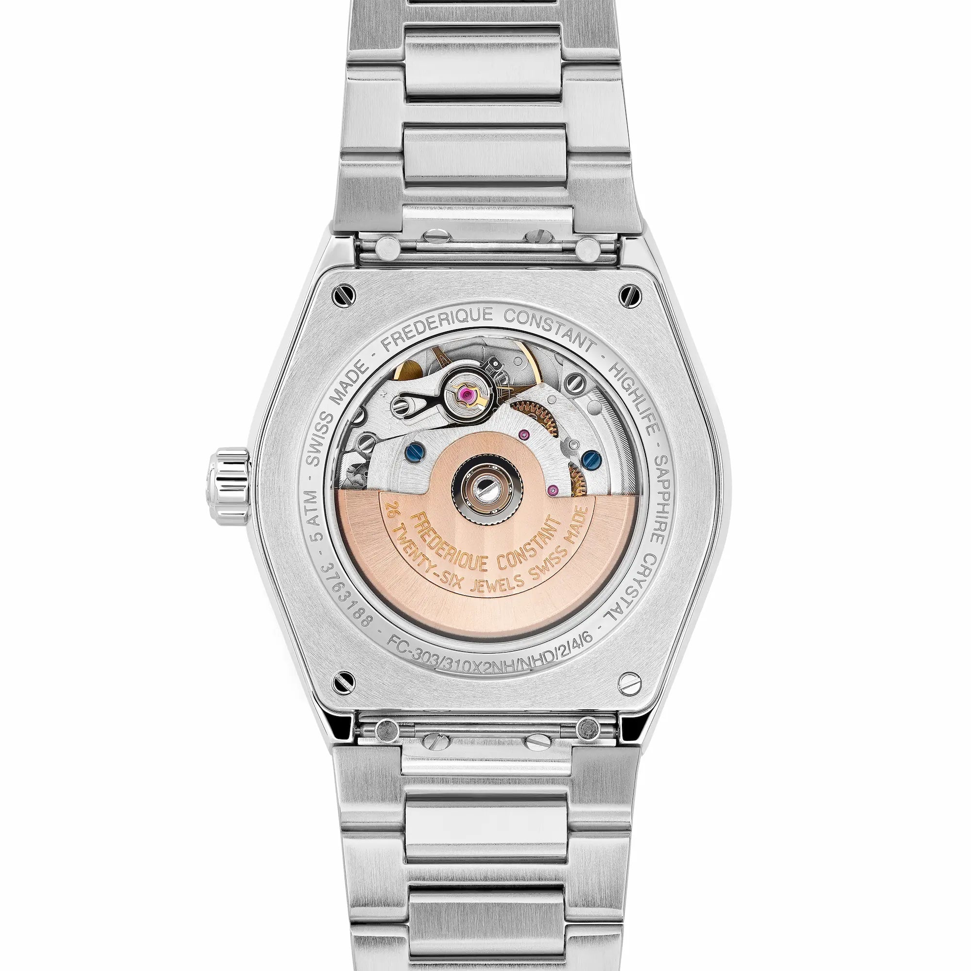 Rückseite der Frederique Constant Uhr "Highlife Ladies Automatic" mit einem schwarzen Zifferblatt mit Diamant-Indizes und Edelstahl-Gehäuse mit Blick auf das Uhrwerk