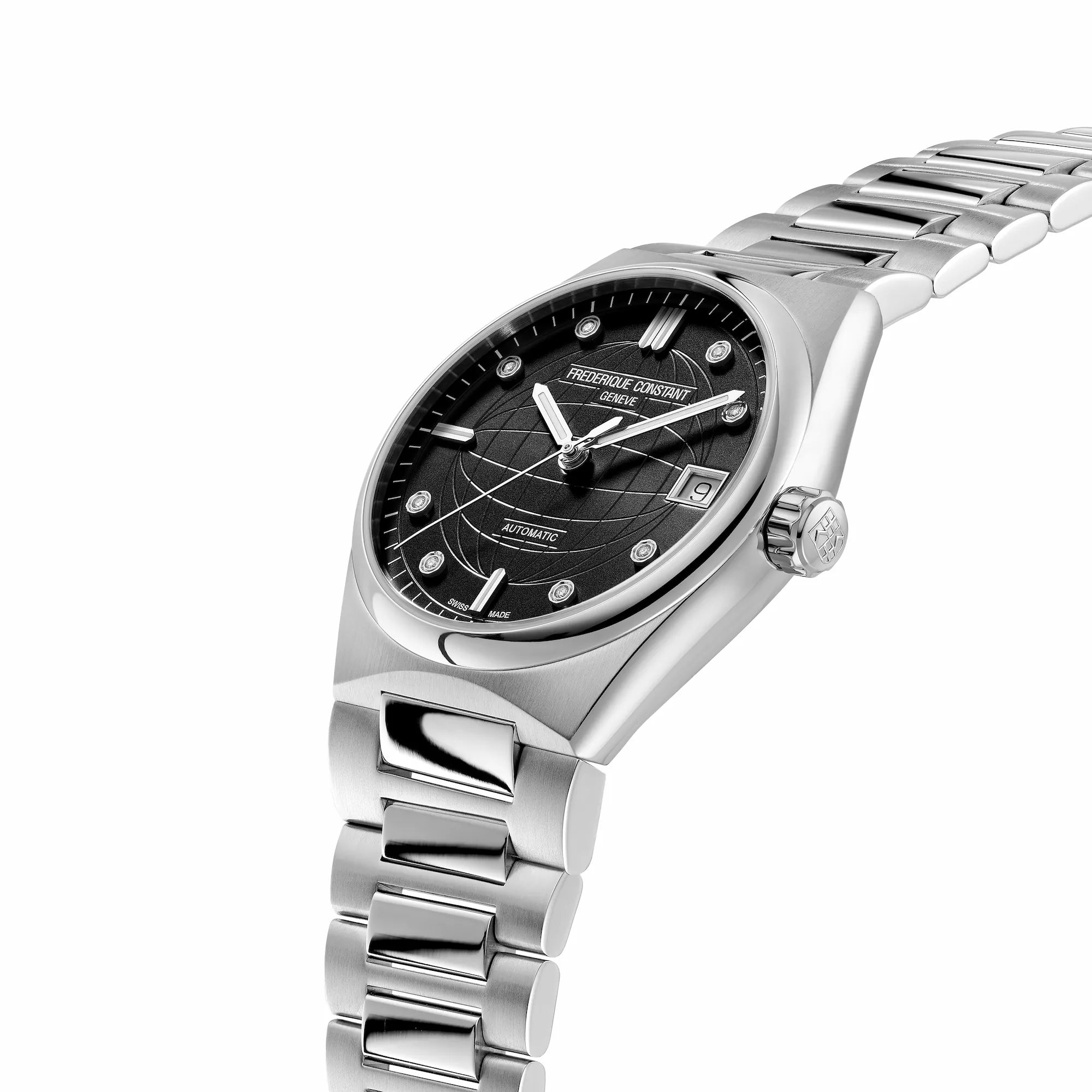 Leicht seitliche Ansicht der der Frederique Constant Uhr "Highlife Ladies Automatic" mit einem schwarzen Zifferblatt mit Diamant-Indizes und Edelstahl-Gehäuse