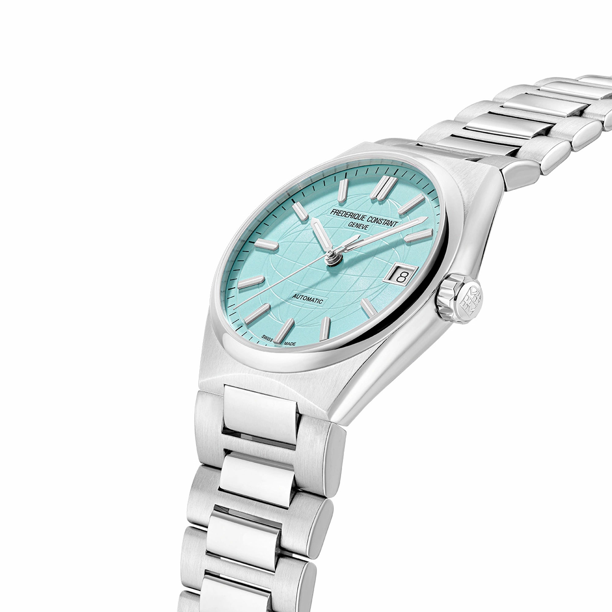 Leicht seitliche Ansicht der der Frederique Constant Uhr "Highlife Ladies Automatic" mit dem Tiffany-blauen Ziferblatt und Edelstahl-Gehäuse