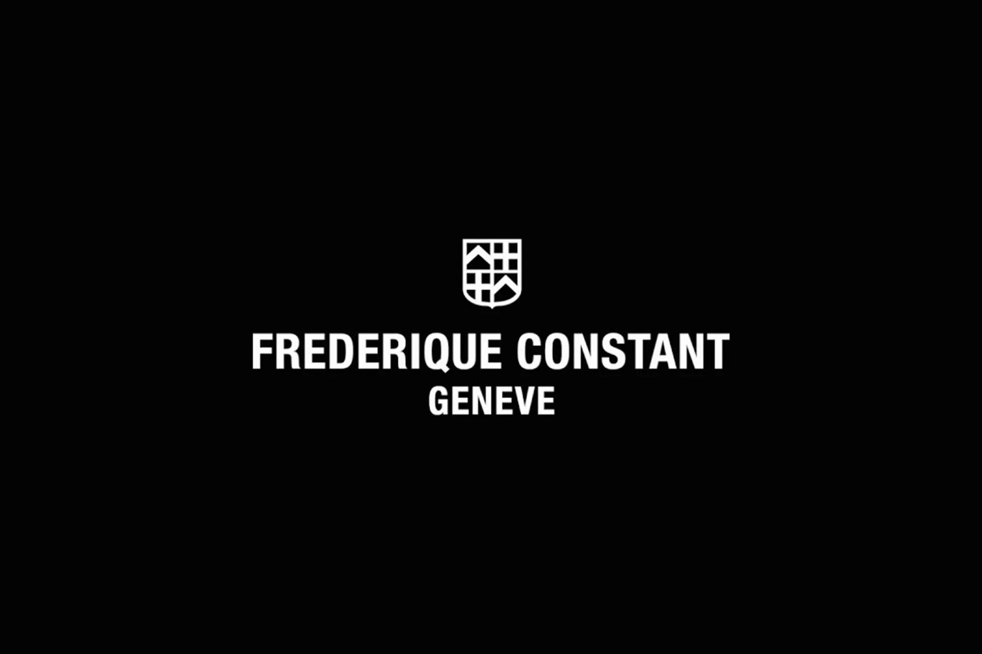 Weißes Logo von Frederique Constant Geneve auf schwarzem Hintergrund