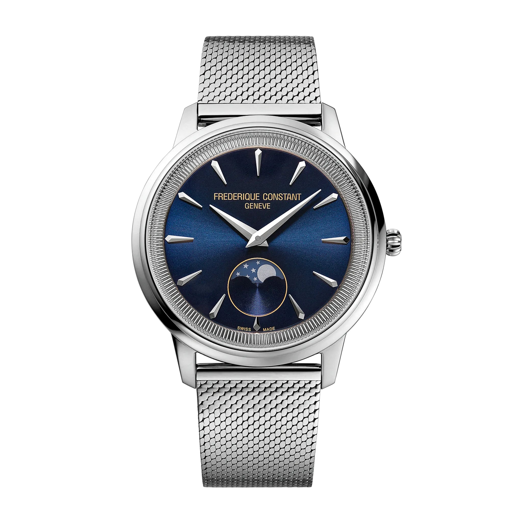 Frontale Ansicht der Frederique Constant "Moneta" Armbanduhr FC-206N3S6B mit blauem Zifferblatt und Mondphase auf 6 Uhr am Milanaise-Armband aus Edelstahl