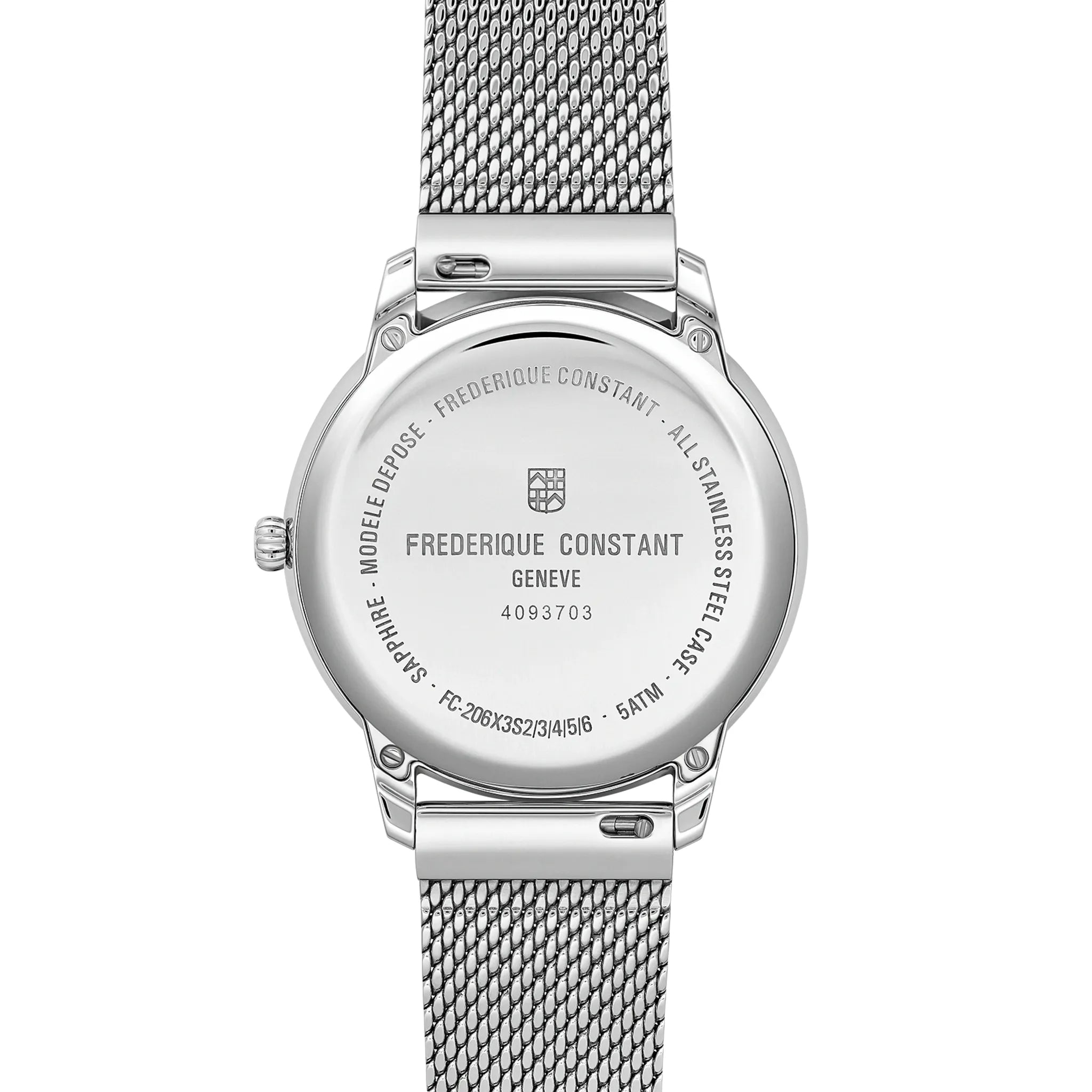 Blick auf den verschraubten Gehäuseboden der Frederique Constant "Moneta" Armbanduhr FC-206N3S6B mit blauem Zifferblatt und Mondphase auf 6 Uhr am Milanaise-Armband aus Edelstahl