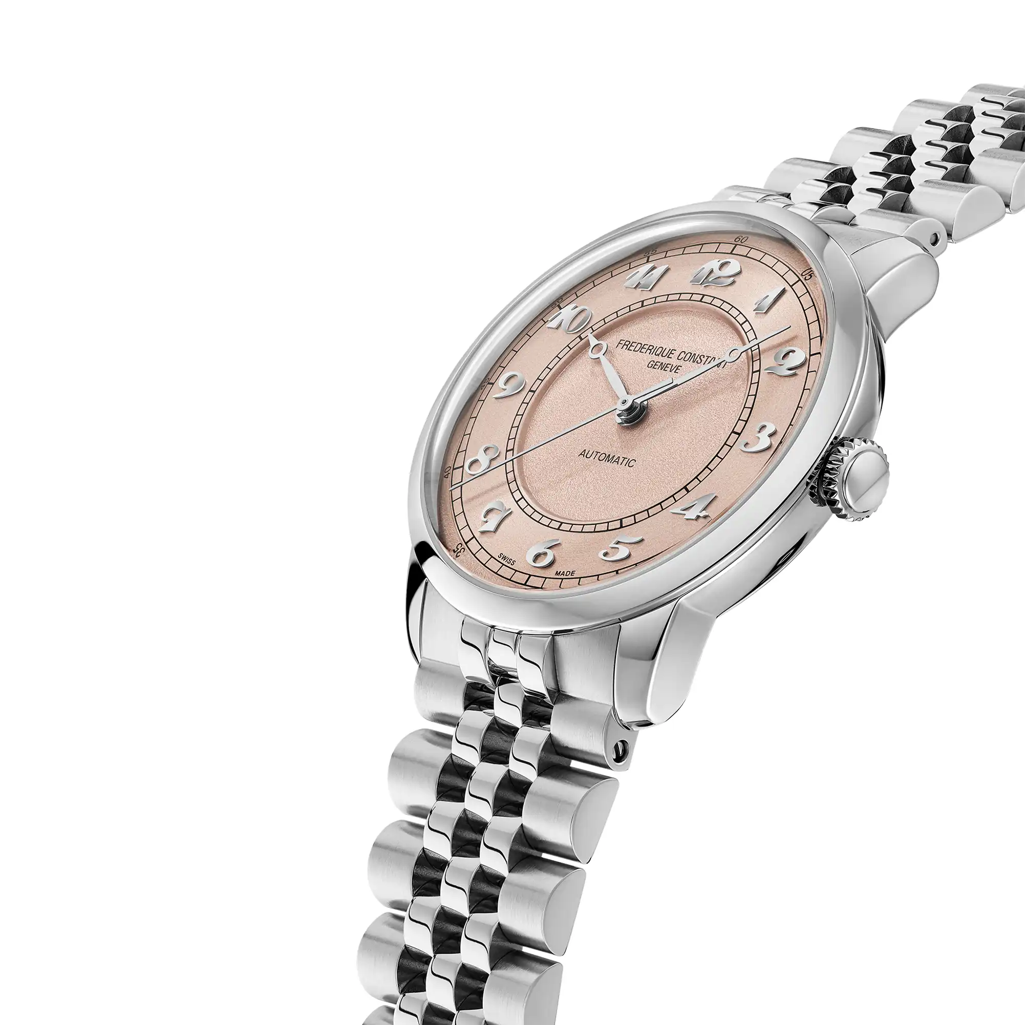Leicht seitliche Ansicht der Frederique Constant "Classics Premiere" Armbanduhr FC-301SALB6B mit lachsrosa-farbenen Zifferblatt mit zwei verschiedenen Oberflächenstrukturen und arabischen Ziffern im klassischen Stil