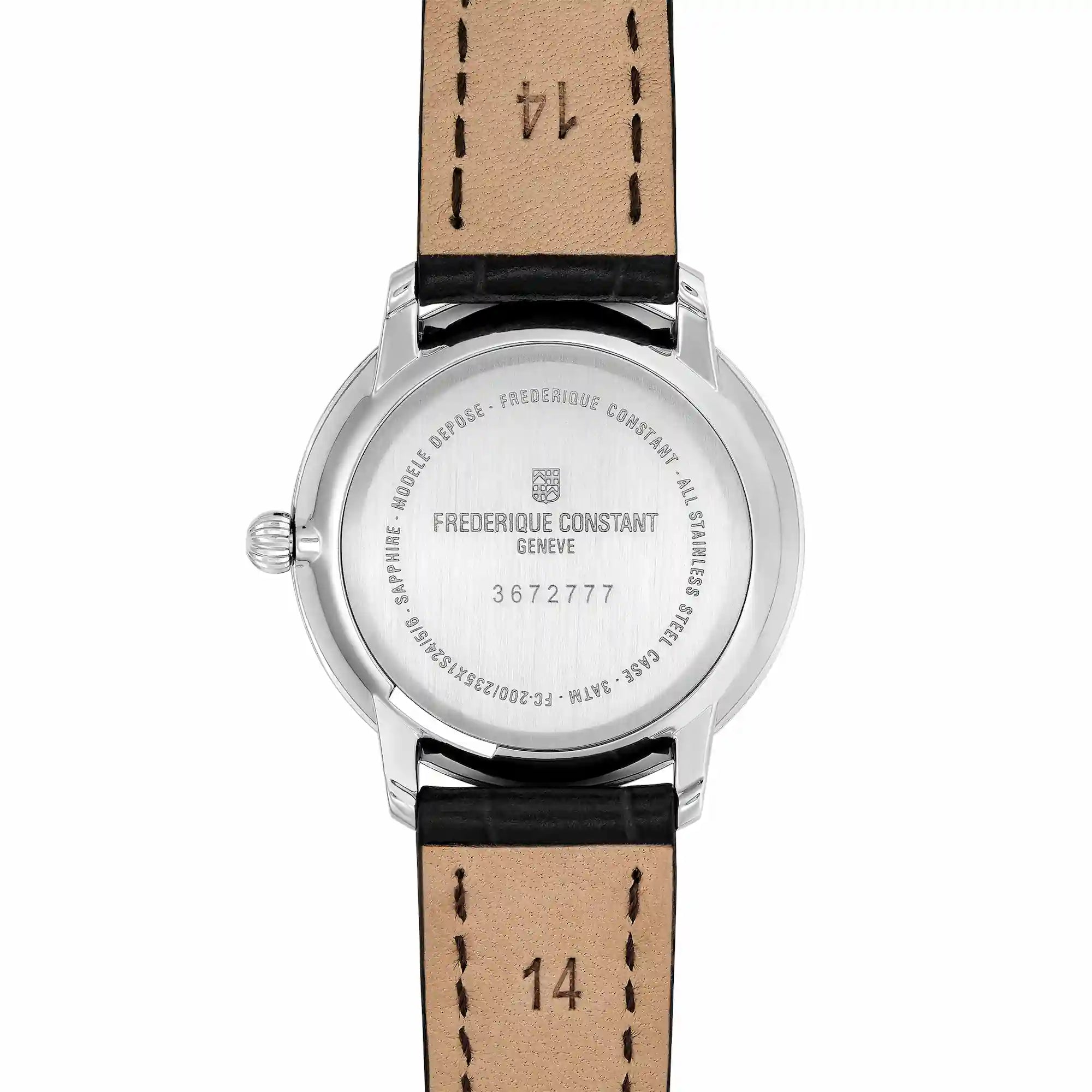 Gehäuseboden der der Damenuhr Classics Slimline Ladies Small Seconds von Frederique Constant mit einem Edelstahlgehäuse und einem Lederband