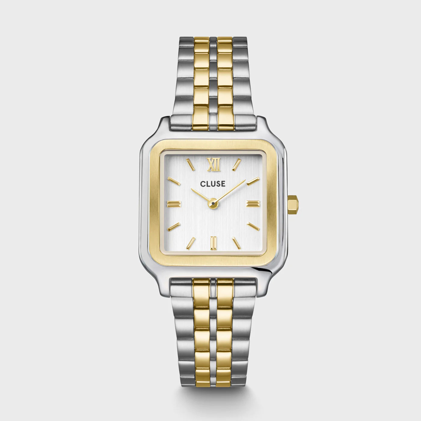  Frontale Ansicht der Cluse Stahl-Uhr "Gracieuse" in Stahl-Gold-Optik (bicolor) mit weißem Zifferblatt