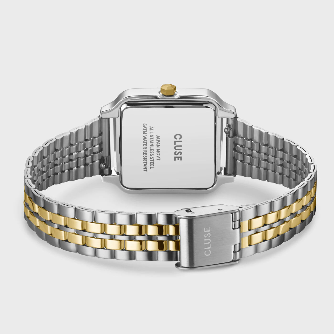 Gehäußeboden und Armband der Cluse Stahl-Uhr "Gracieuse" in Stahl-Gold-Optik (bicolor) mit weißem Zifferblatt