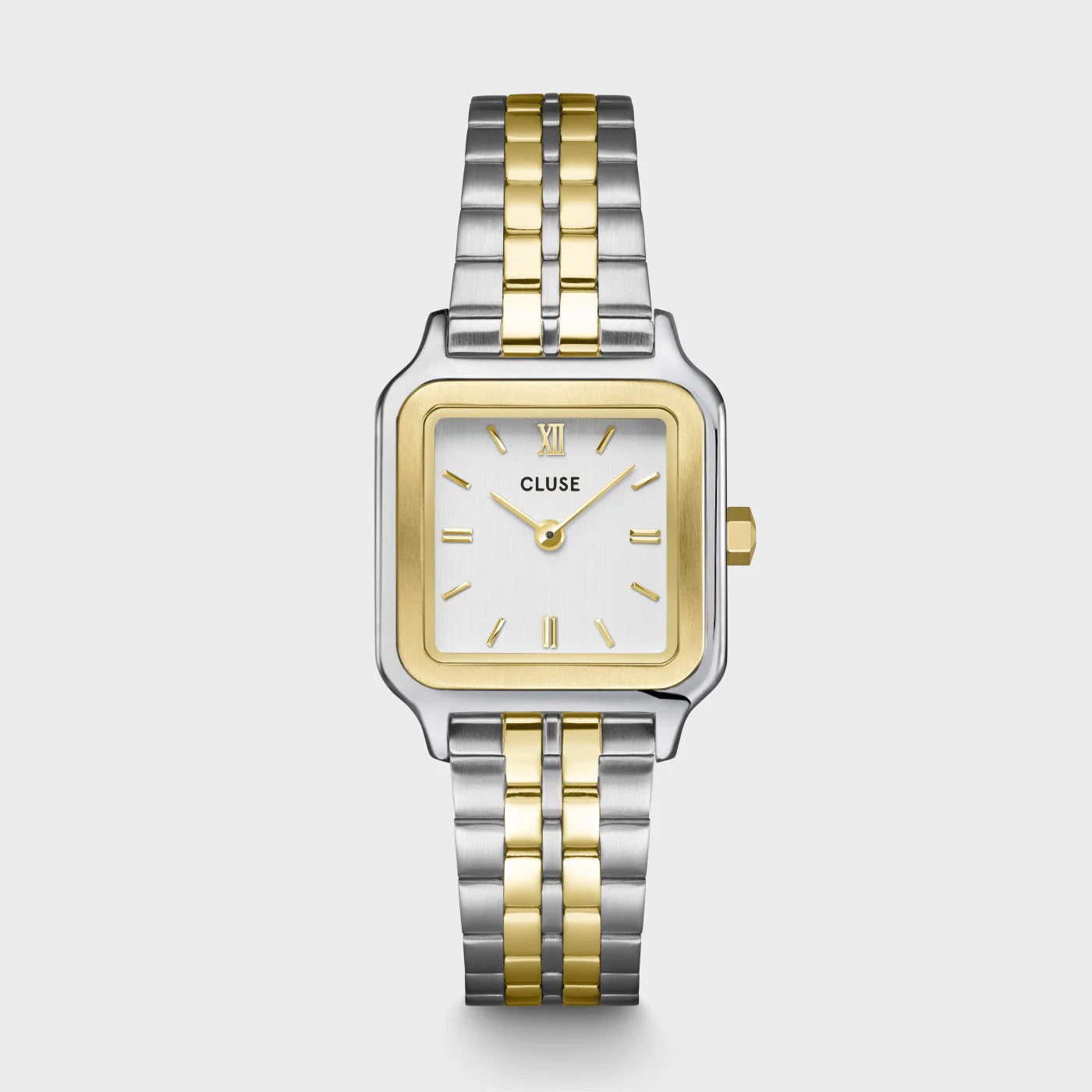 Frontale Ansicht der Cluse Stahl-Uhr "Gracieuse Petite" in Stahl-Gold-Optik (bicolor) mit weißem Zifferblatt