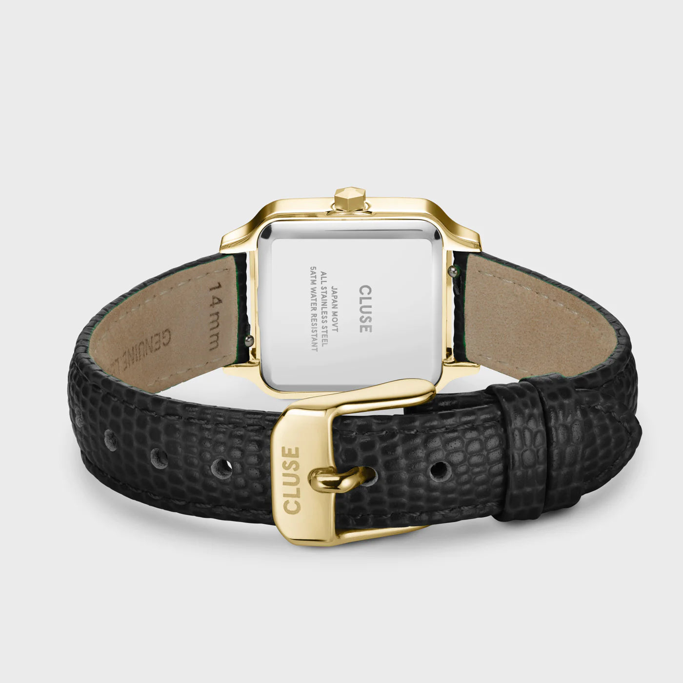 Gehäußeboden und schwarzes Lederband im Echsen-Look der Cluse Stahl-Uhr "Gracieuse Petite" mit einem gelbgold-farbenem Gehäuse
