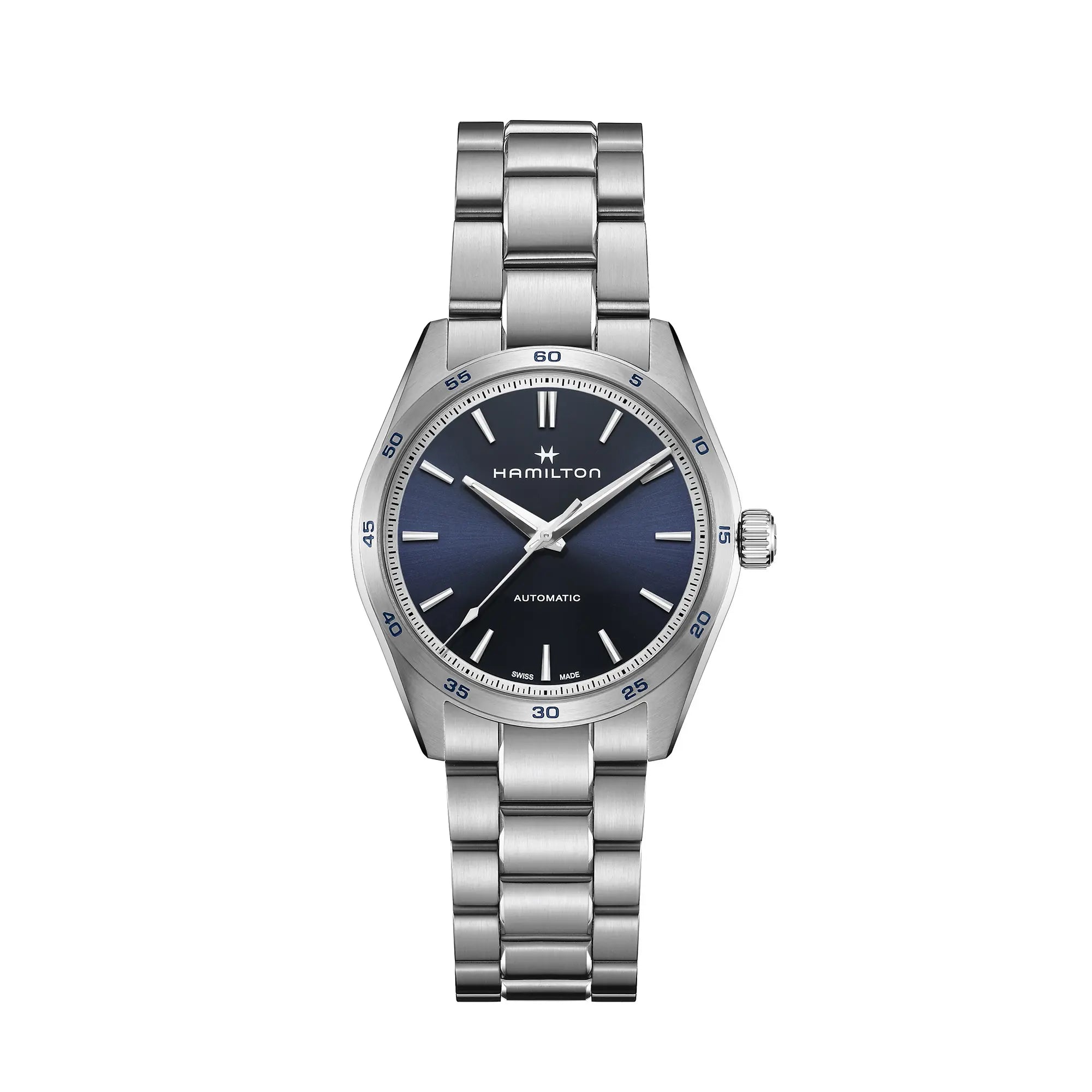 Produktfotografie zeigt die Hamilton Jazzmaster Performer Auto H36215140 mit 38mm-Gehäuse und blauem Zifferblatt von vorne