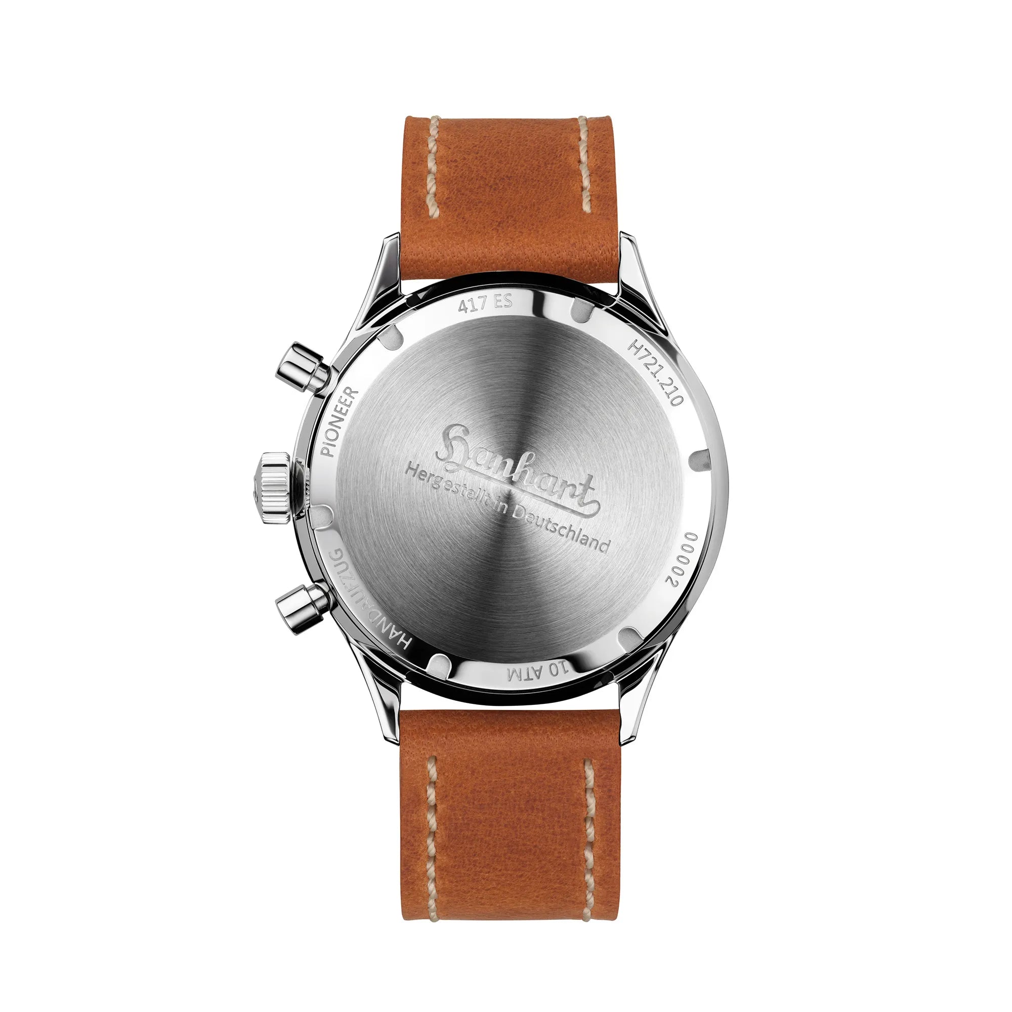 Verschraubter Gehäuseboden des Hanhart 417 ES "Moby Dick" Chronographs mit 42mm-Gehäuse und weißem Zifferblatt am hellbraunen Lederband